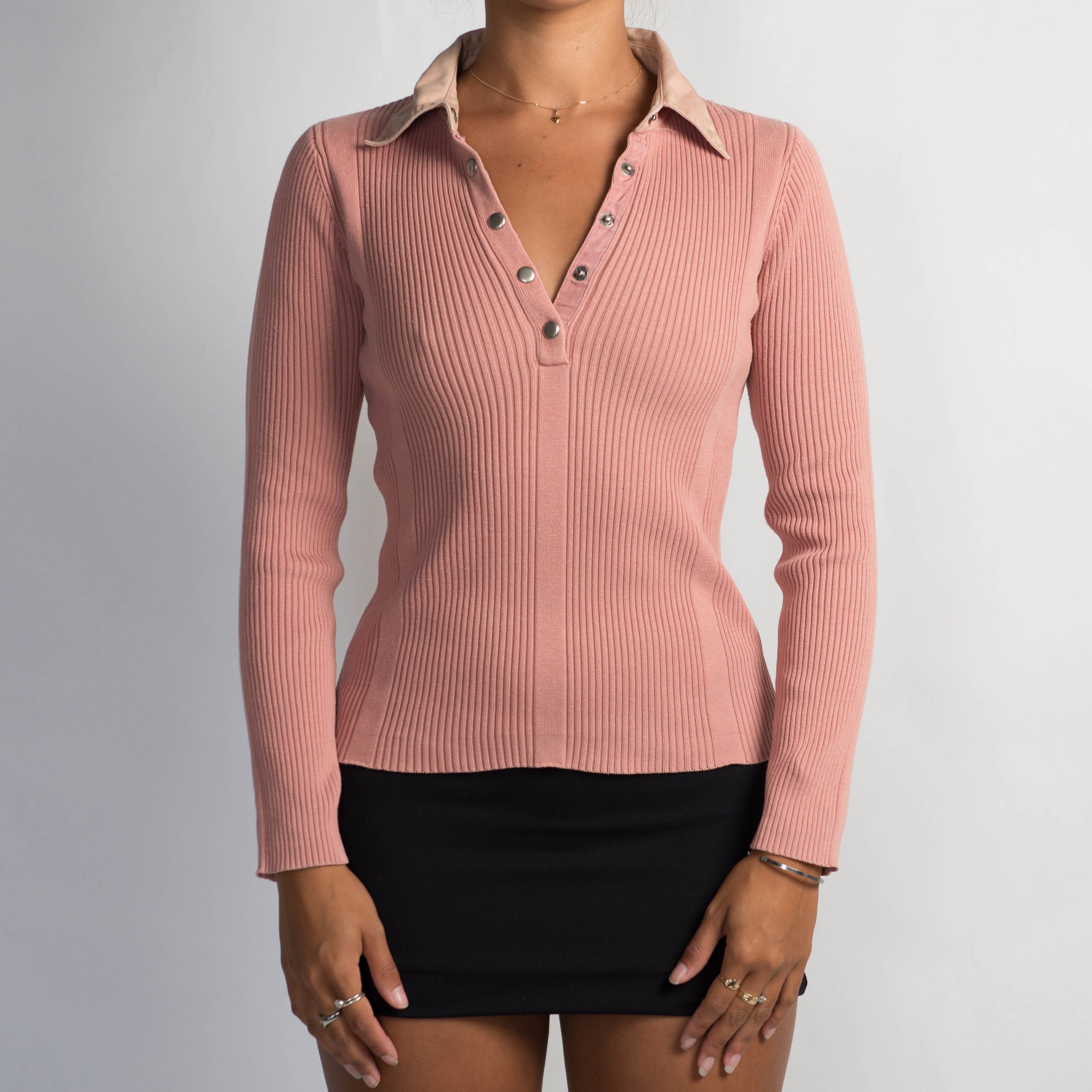 PINK RIB COLLARED TOP
