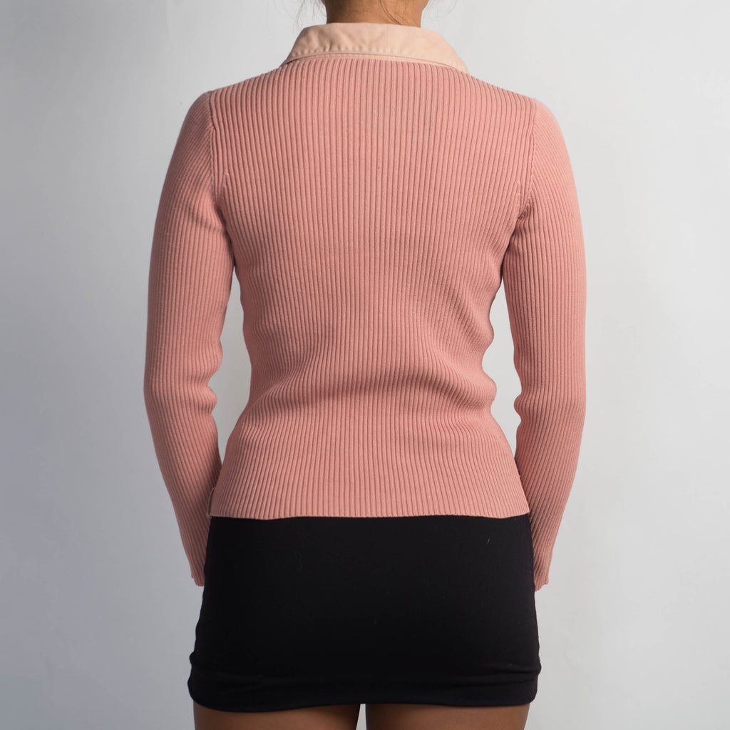 PINK RIB COLLARED TOP