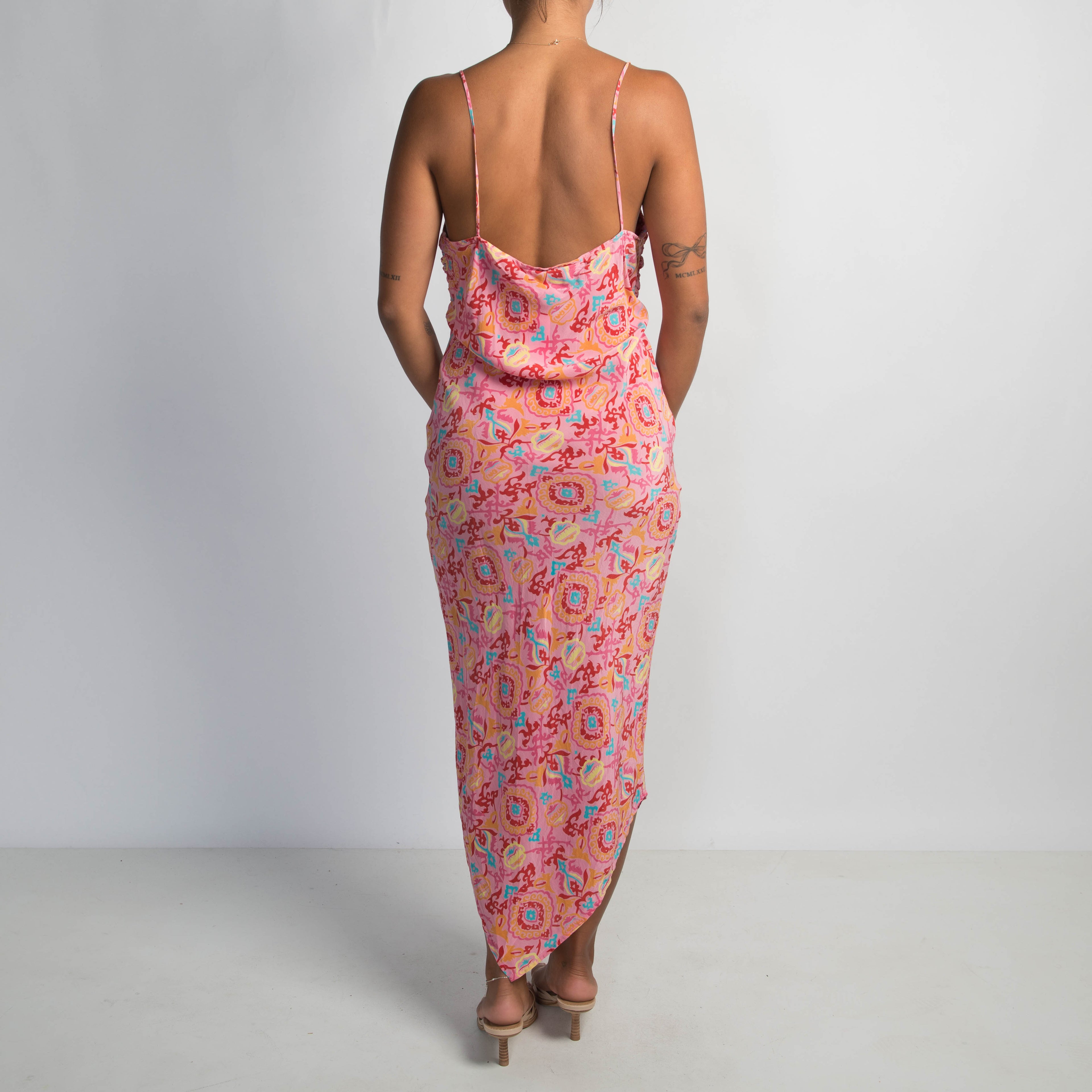 PINK PATTERN SILK MIDI DRESS
