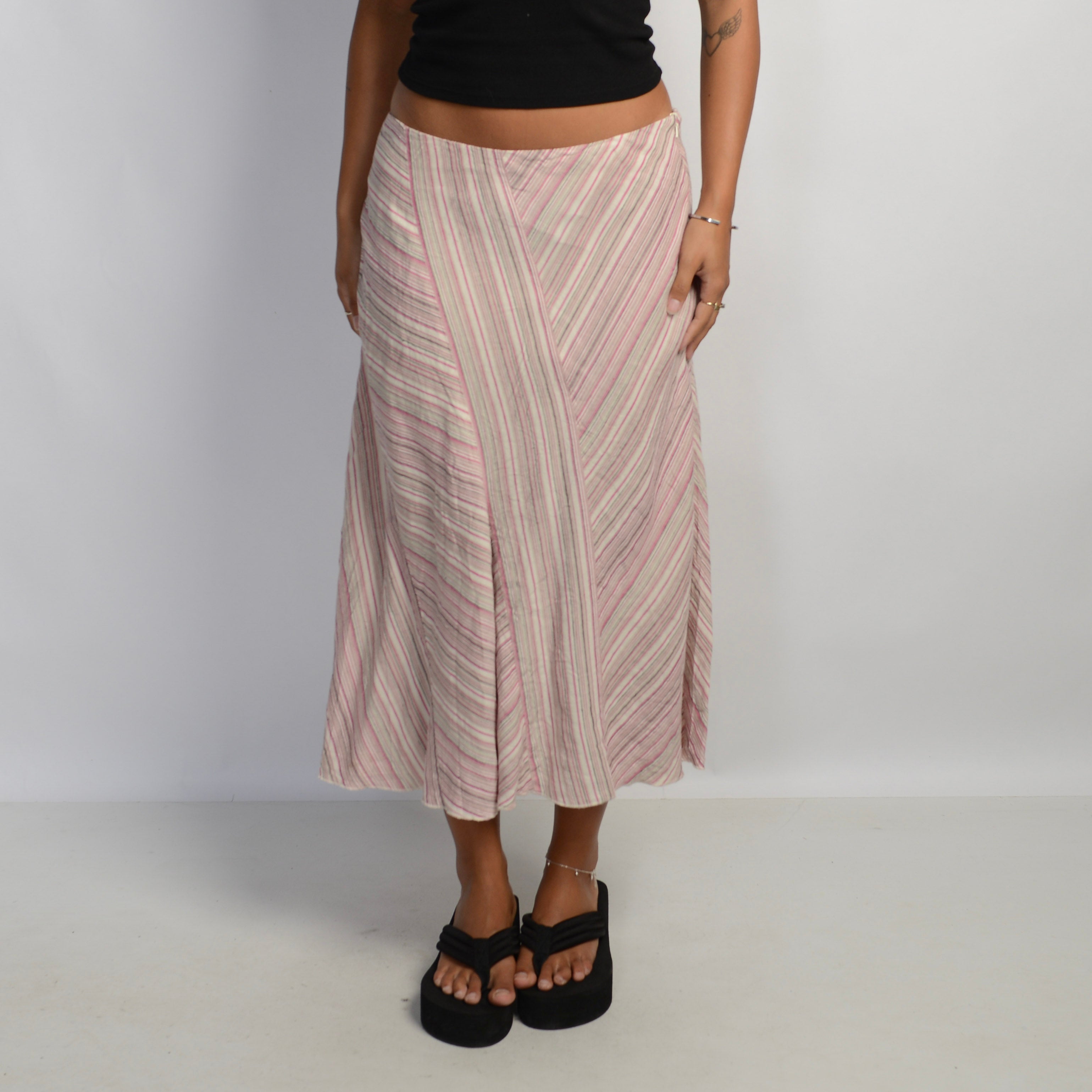 PINK STRIPE LINEN MIDI SKIRT