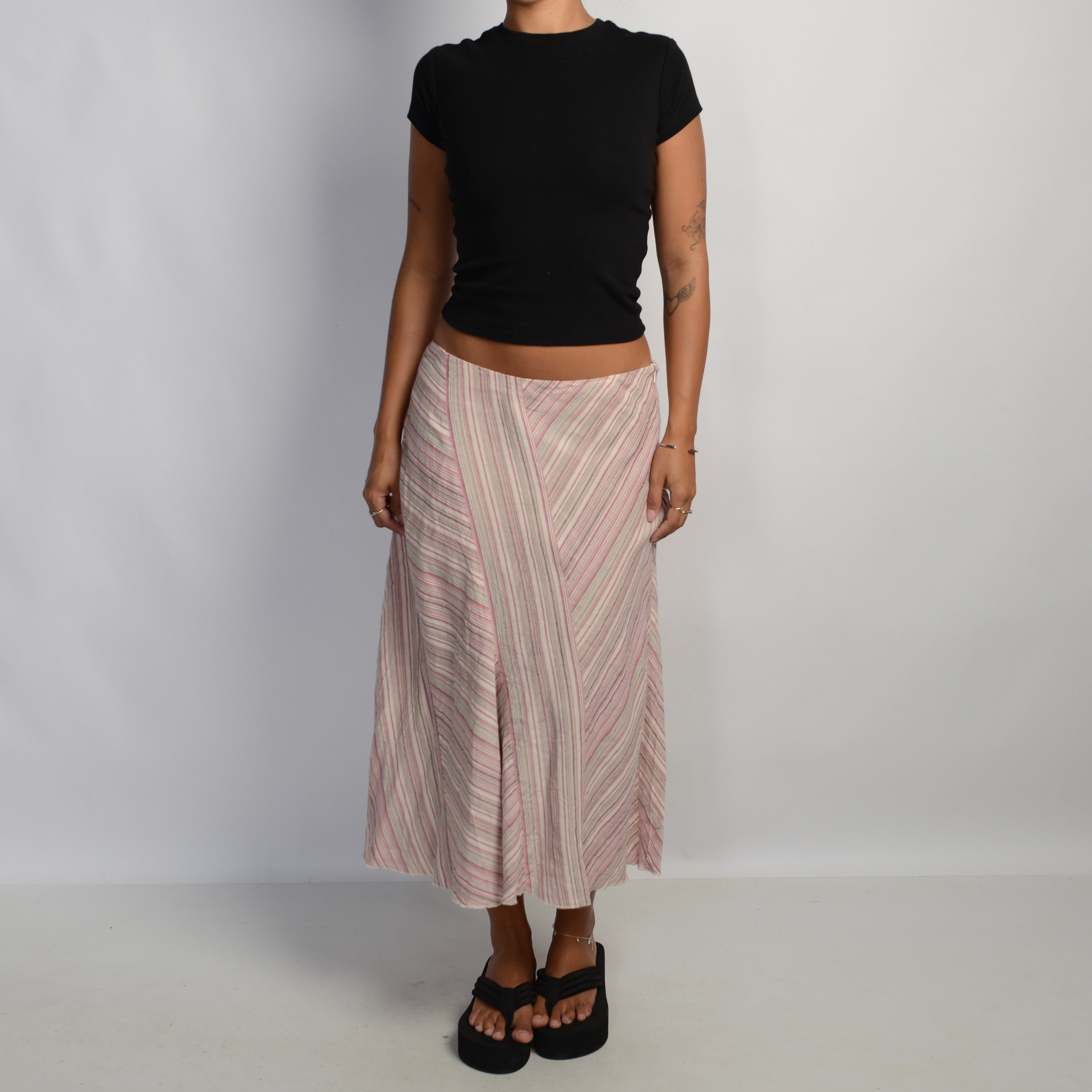 PINK STRIPE LINEN MIDI SKIRT