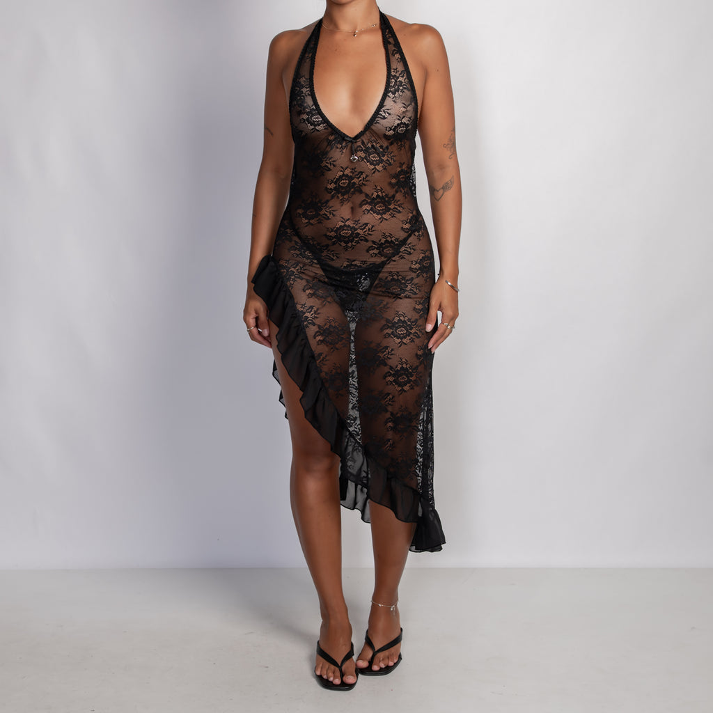 BLACK LACE ASYMMETRIC DRESS