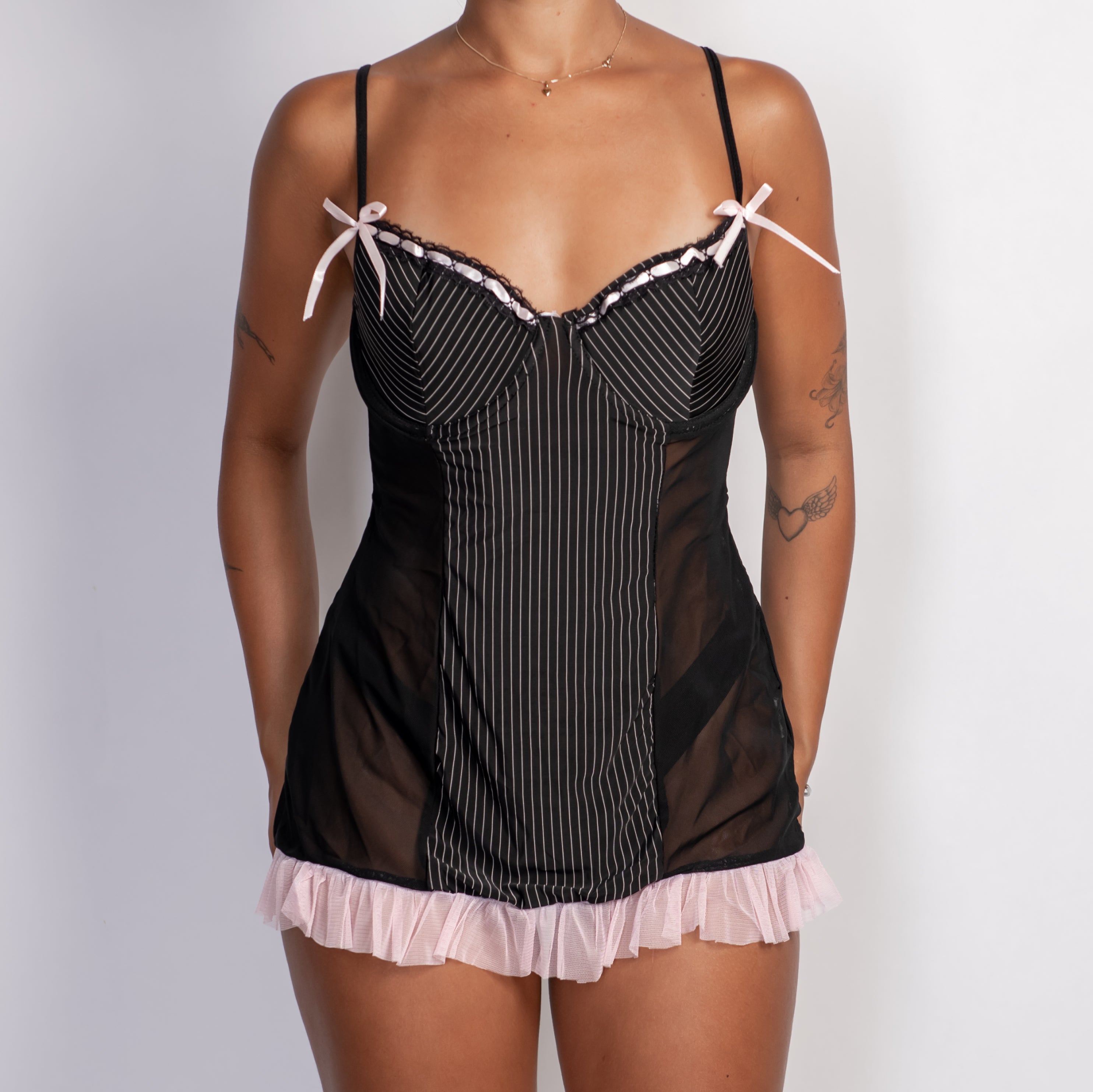 BLACK PINSTRIPE BUSTIER DRESS