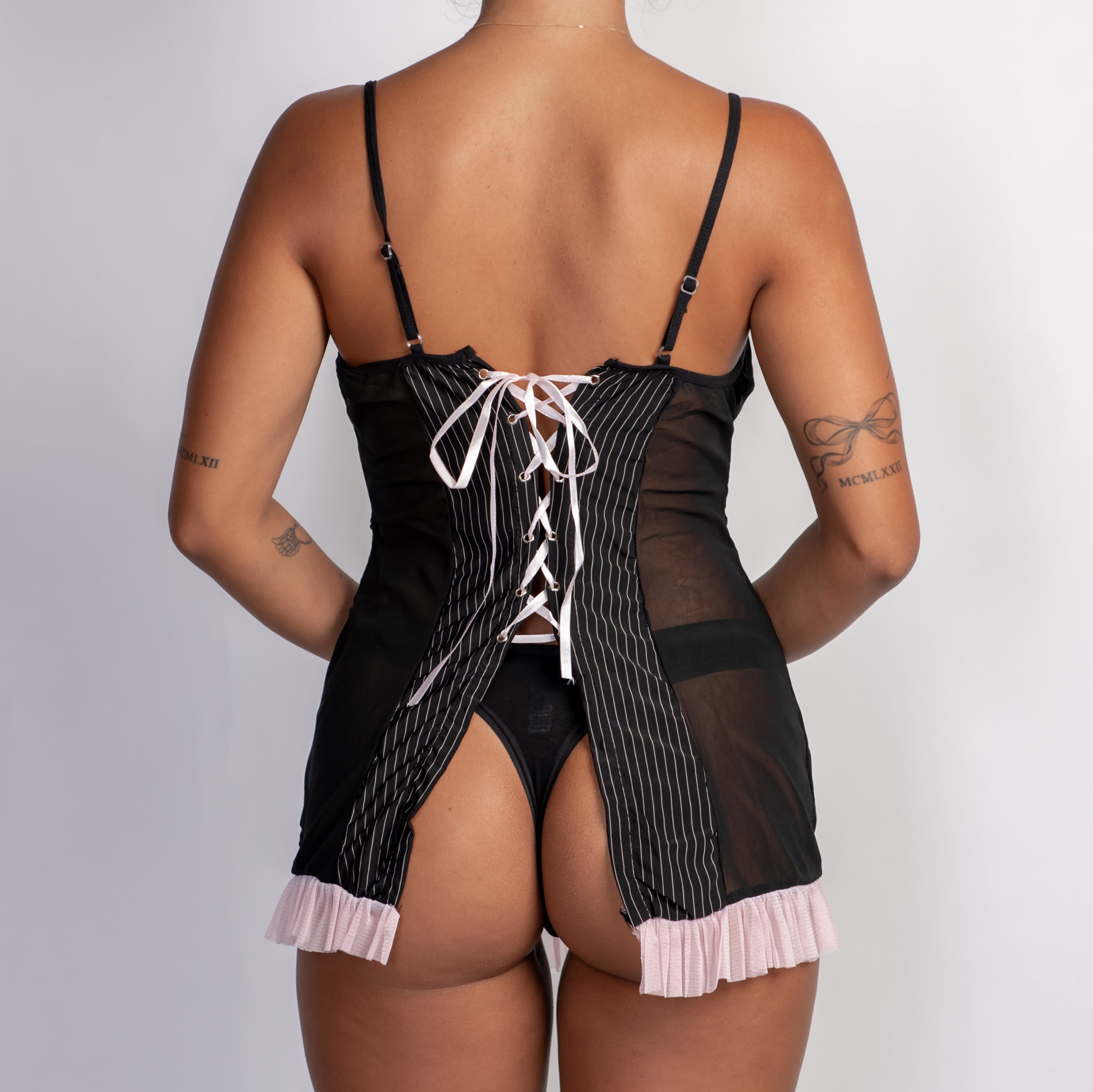BLACK PINSTRIPE BUSTIER DRESS