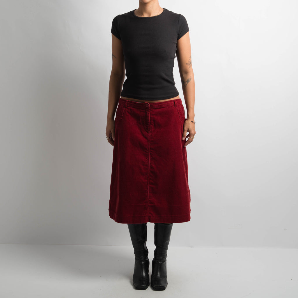 RED CORDUROY MIDI SKIRT