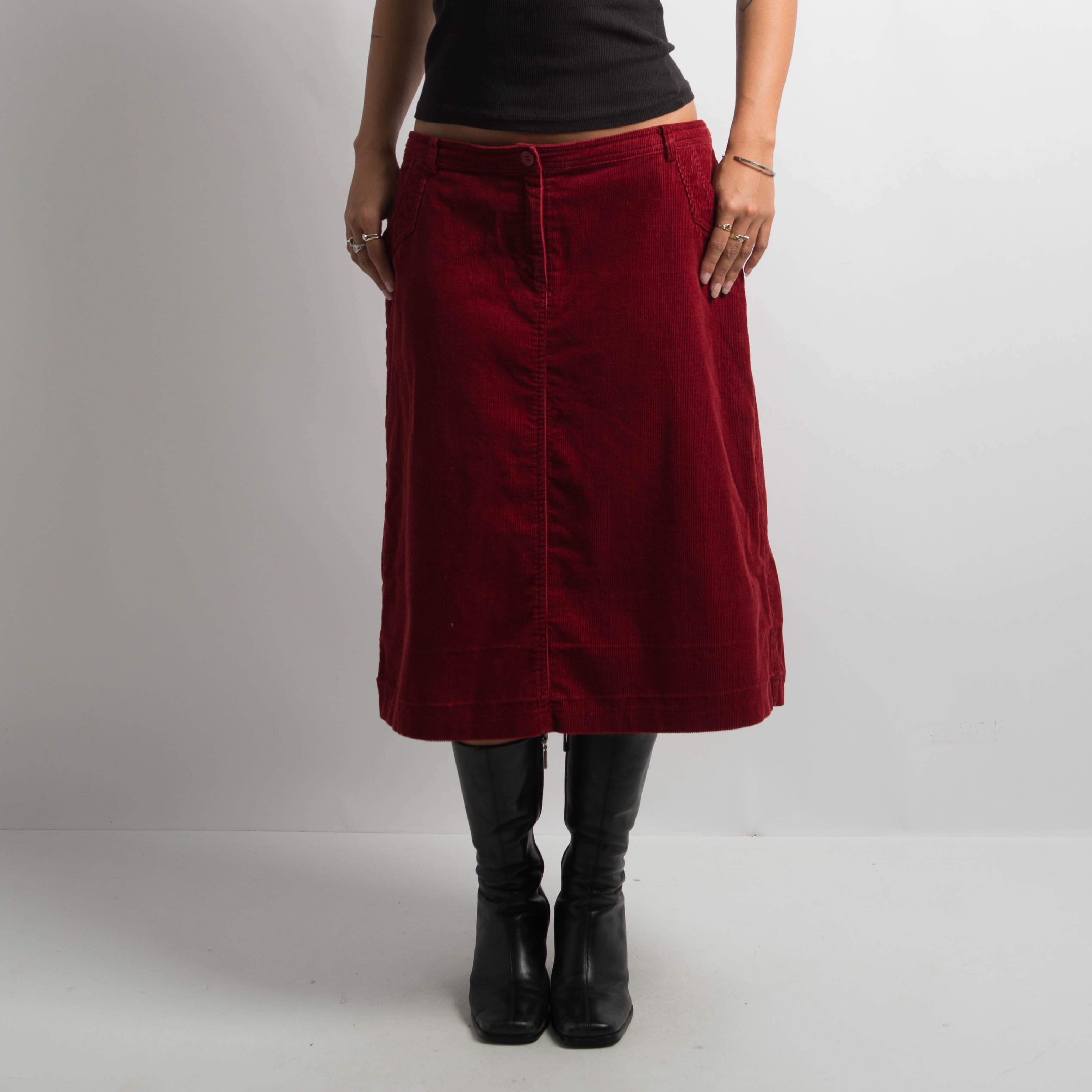 RED CORDUROY MIDI SKIRT
