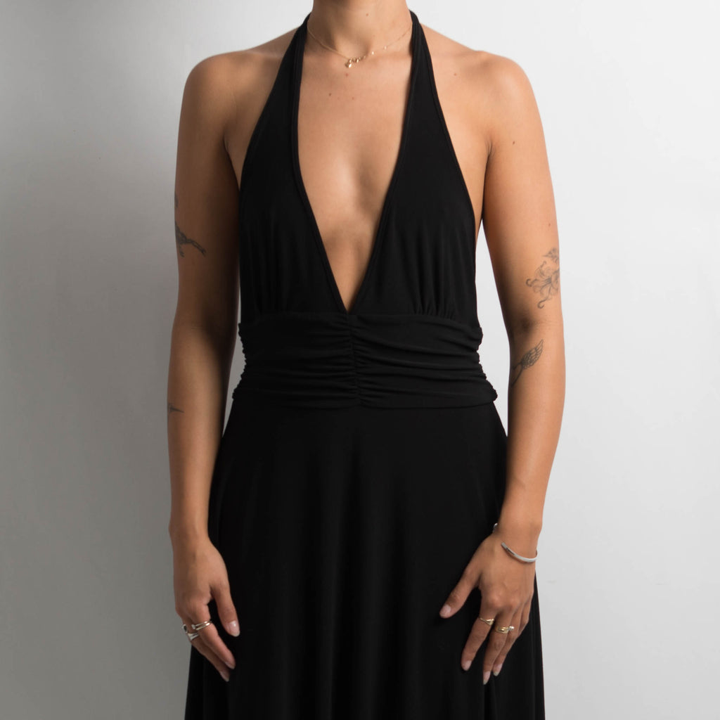 BLACK HALTER EVENING DRESS