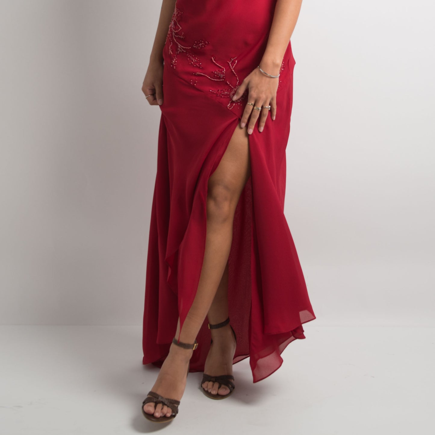 RED ASYMMETRIC BEADED DRESS