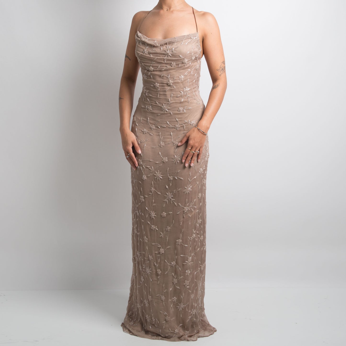 BEIGE HAND BEADED SILK GOWN