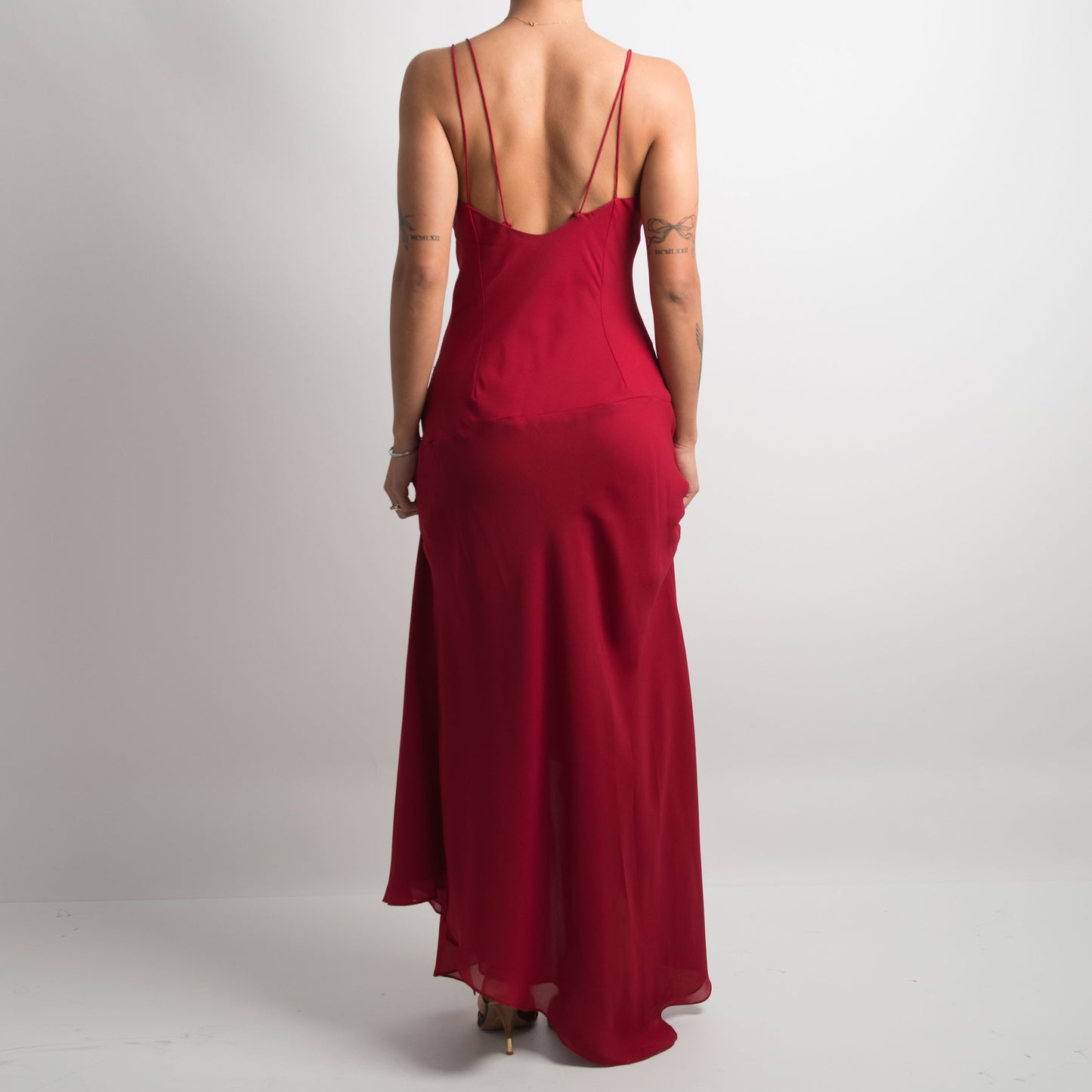 RED ASYMMETRIC BEADED DRESS