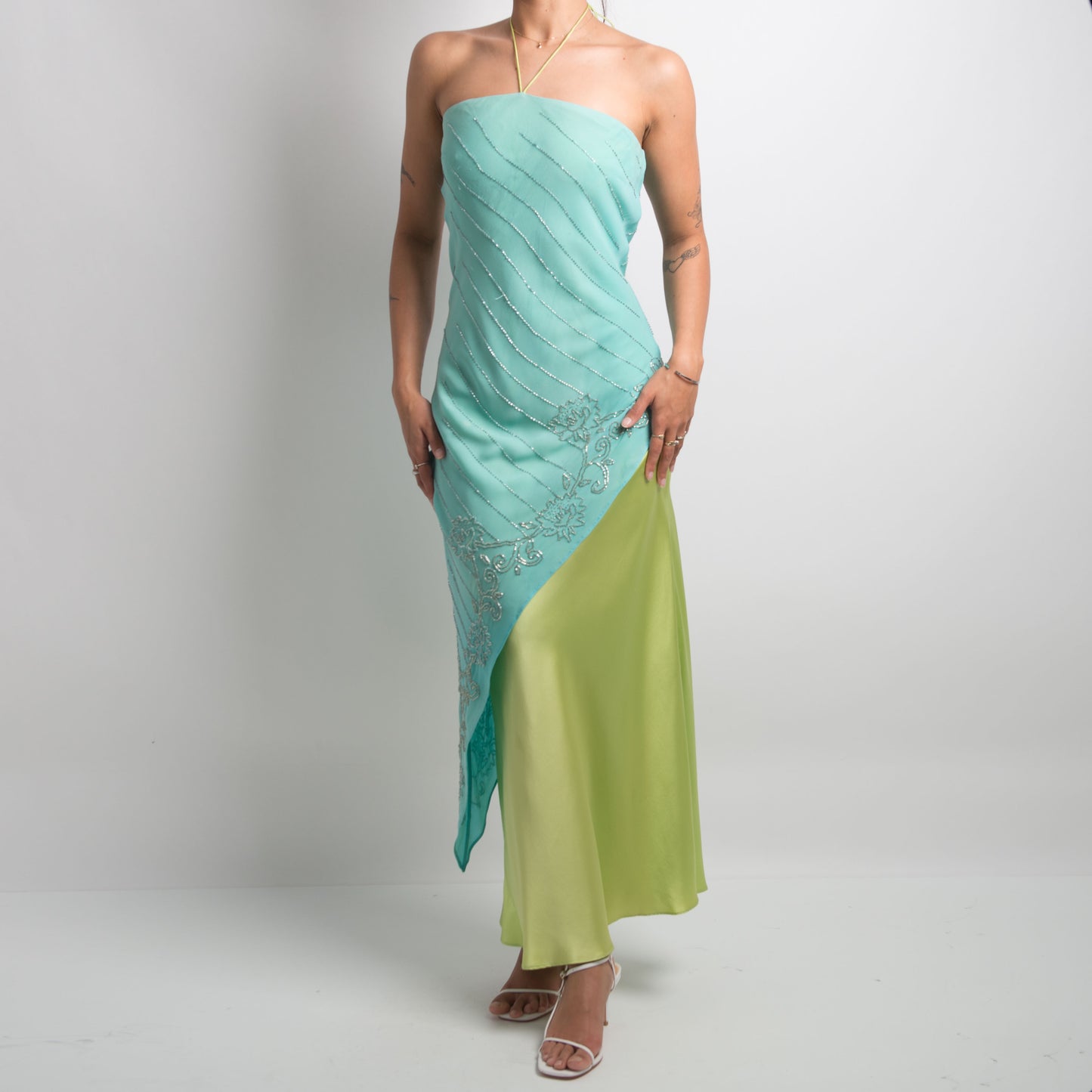 GREEN BLUE LAYERED SILK DRESS