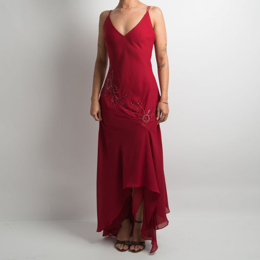 RED ASYMMETRIC BEADED DRESS