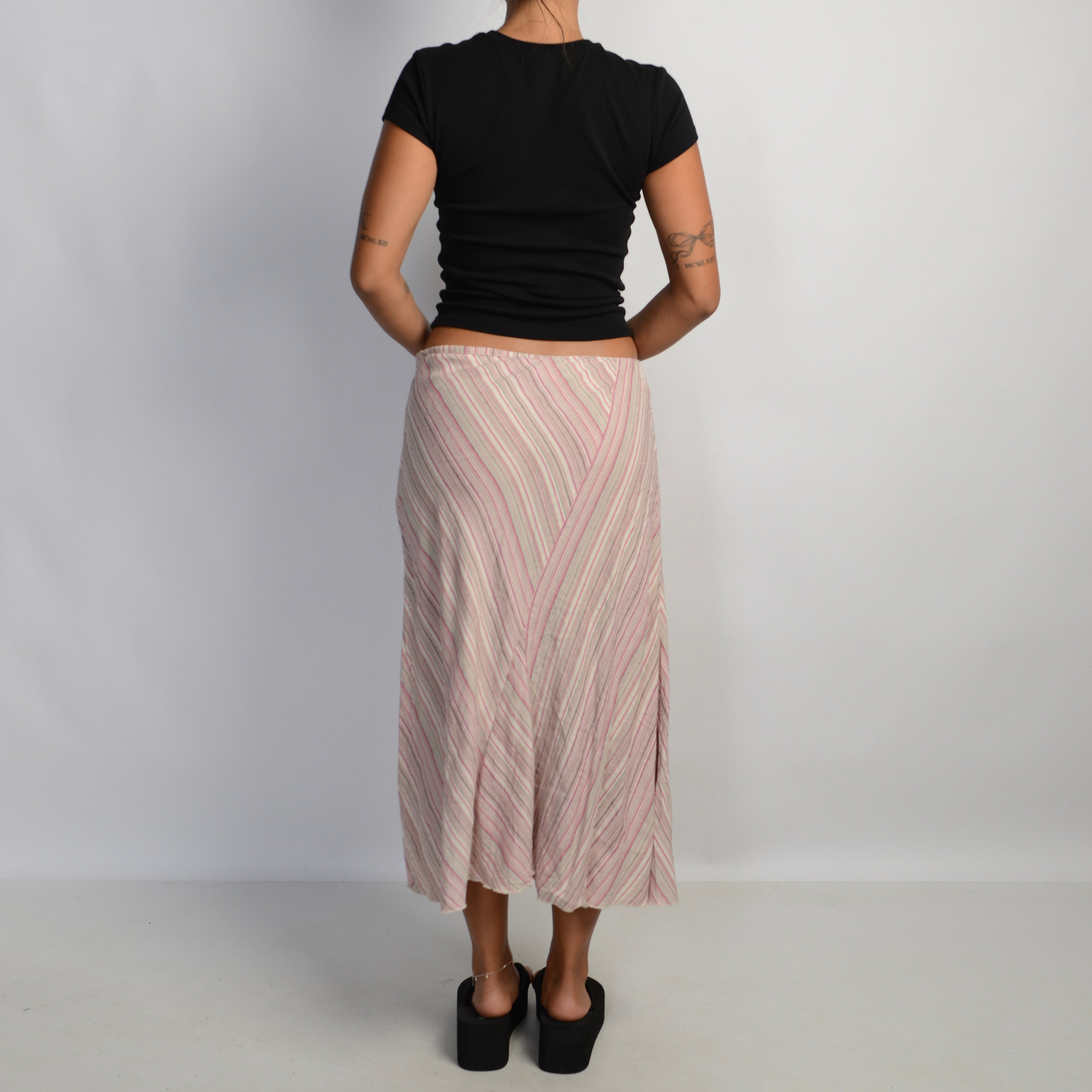PINK STRIPE LINEN MIDI SKIRT