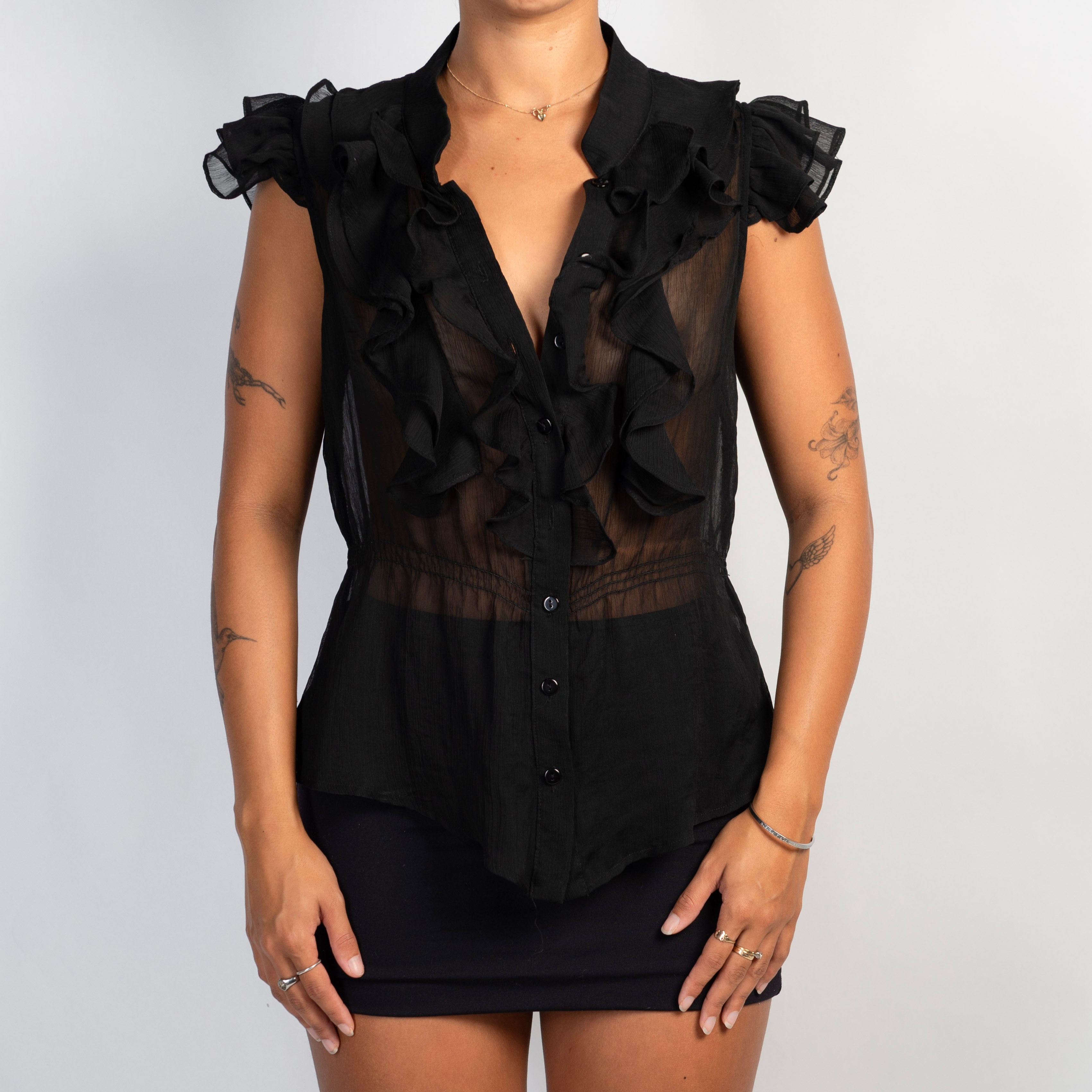 SHEER BLACK RUFFLE BLOUSE
