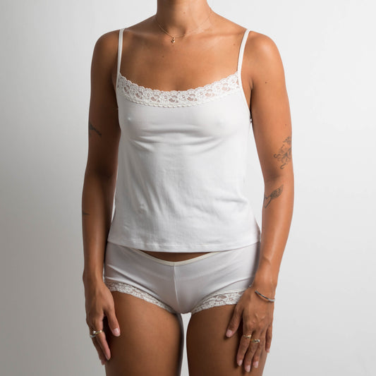 WHITE CAMISOLE + BRIEFS