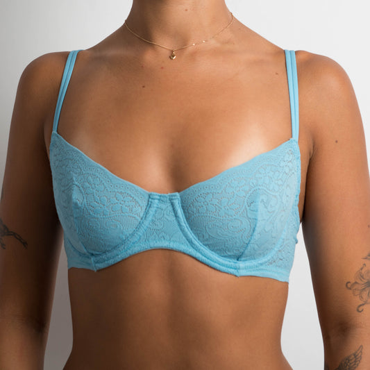 BLUE STRETCH LACE BRA - 34B