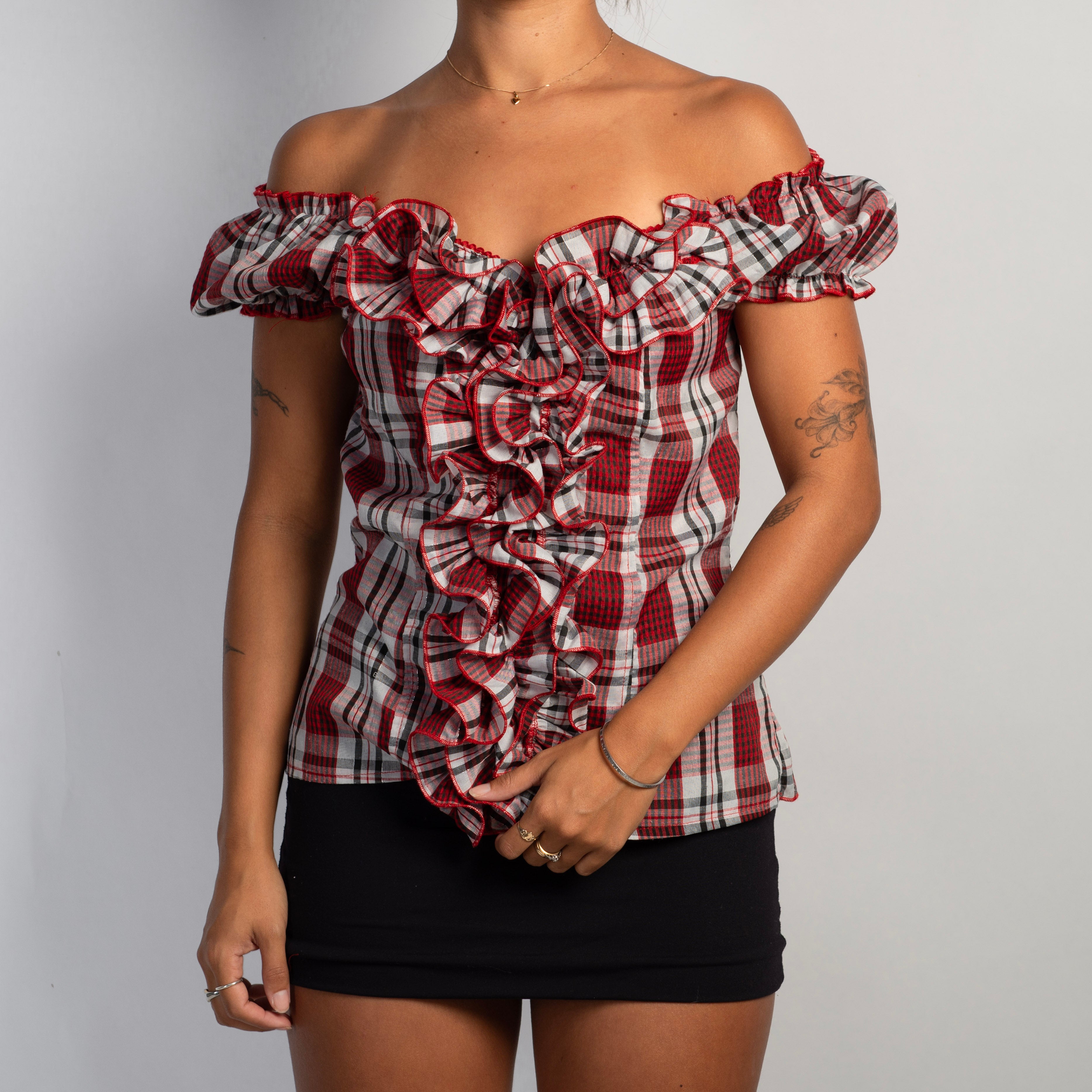 RED PLAID RUFFLE TOP