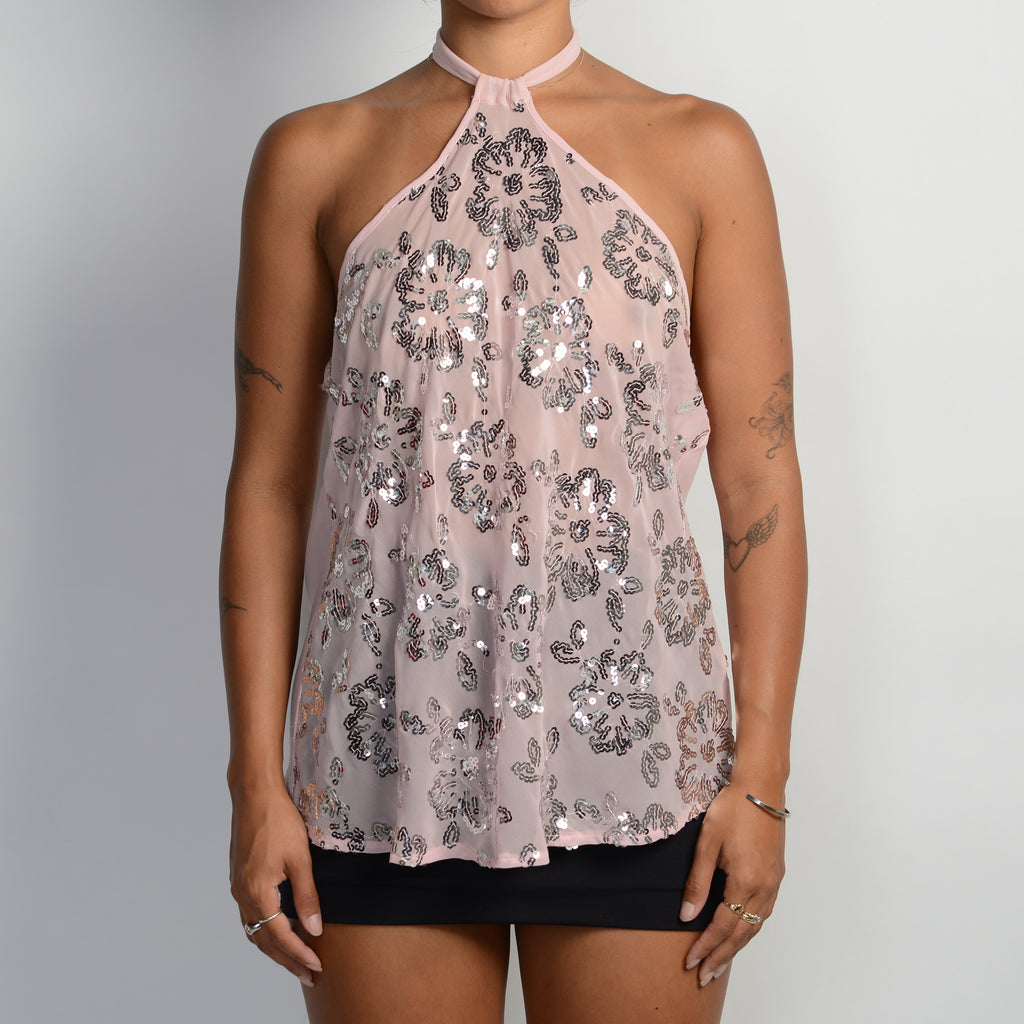 PINK SEQUIN HALTER TOP