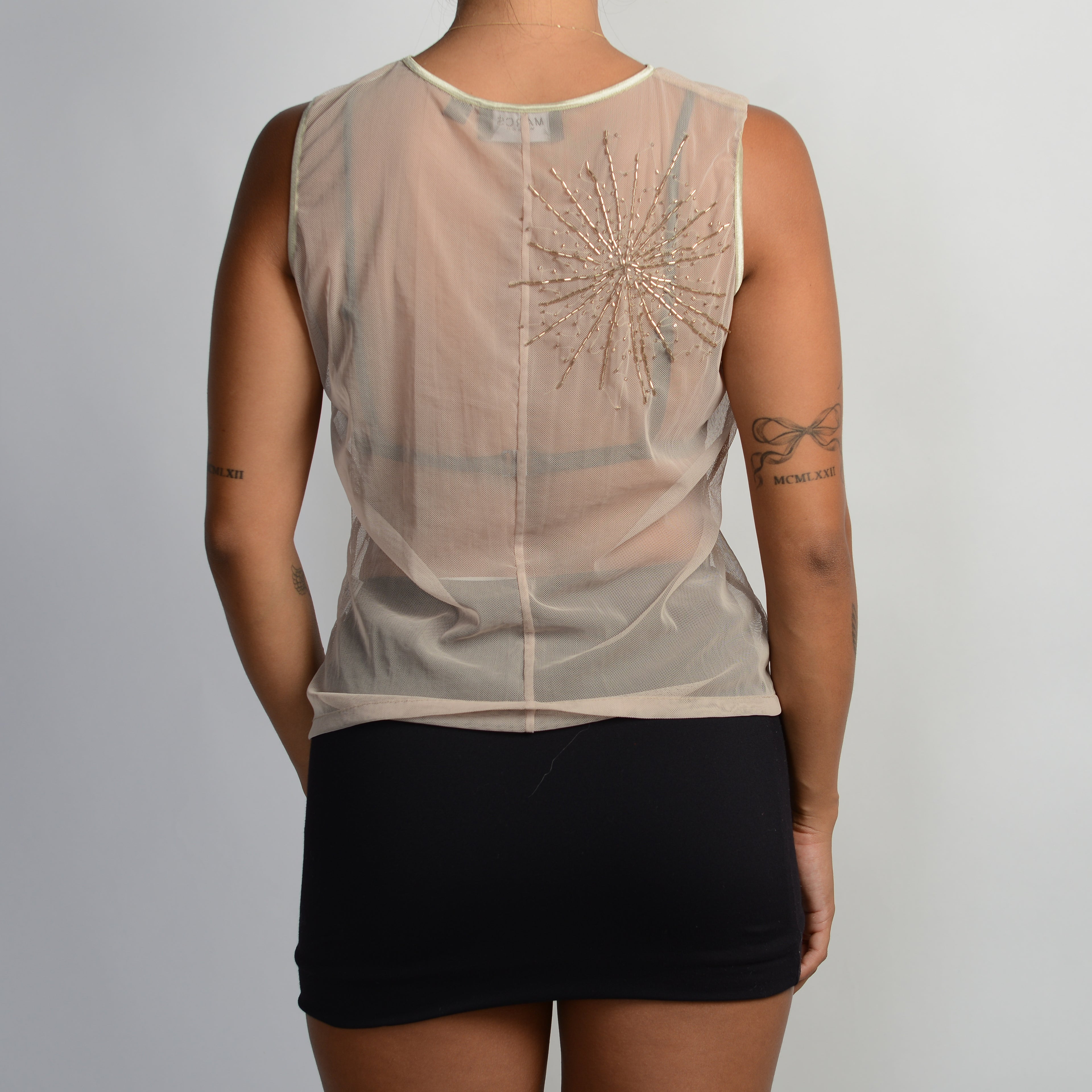 BEIGE MESH BEADED TOP