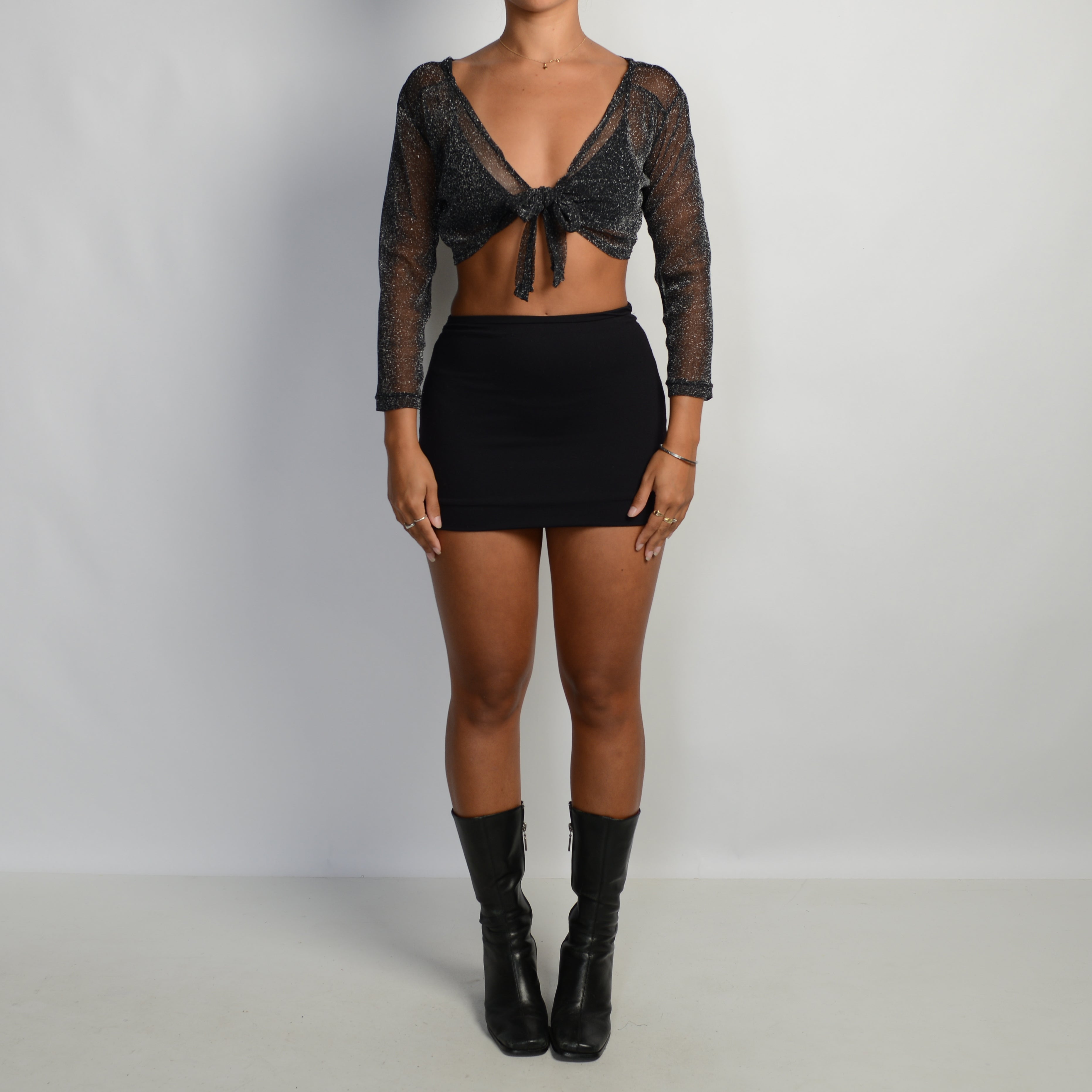 MESH GLITTER TIE FRONT TOP
