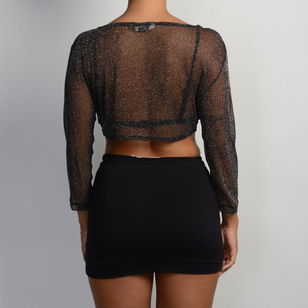 MESH GLITTER TIE FRONT TOP