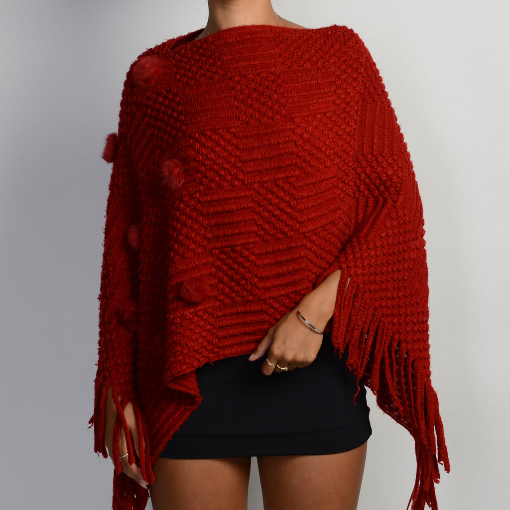 RED TEXTURED KNIT PONCHO