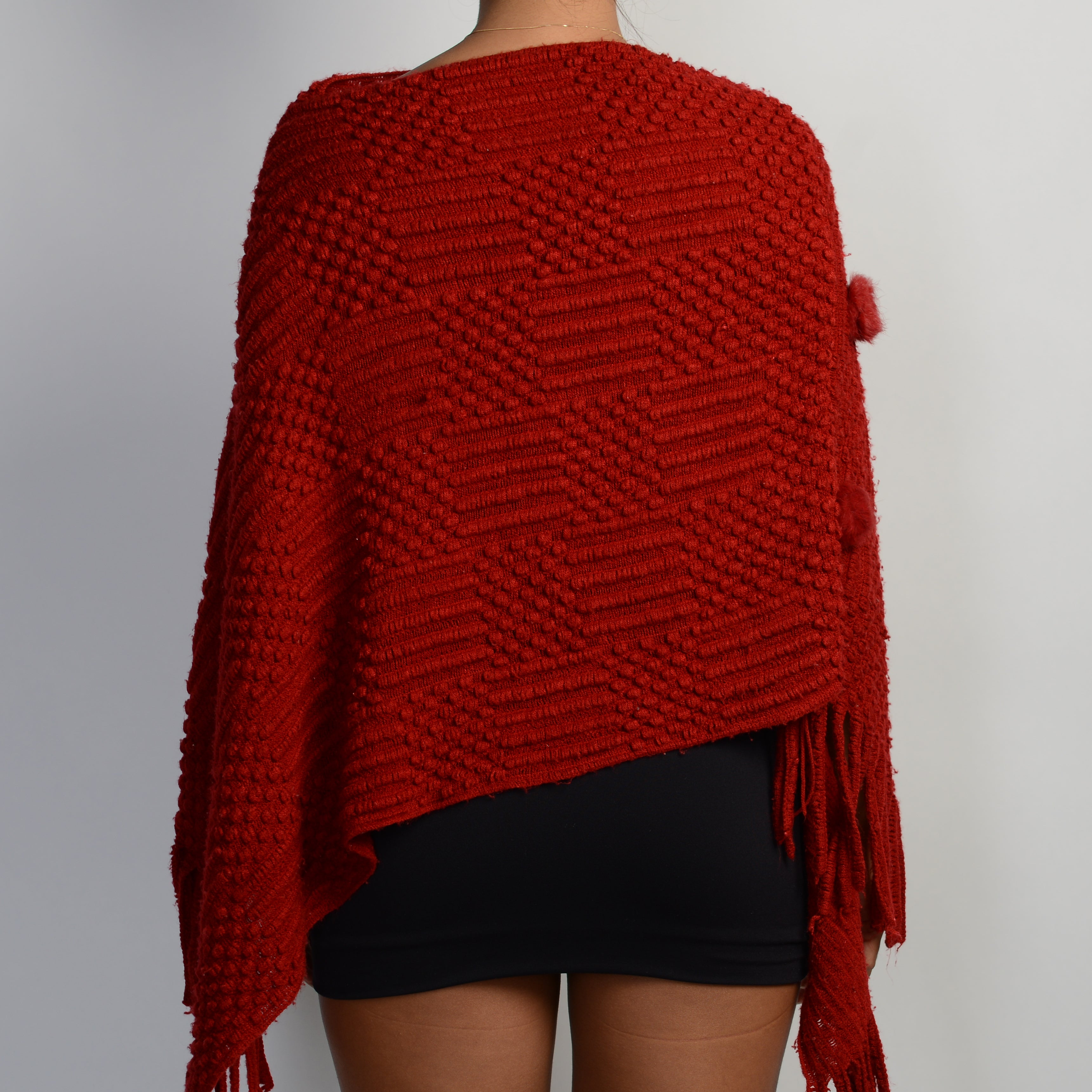 RED TEXTURED KNIT PONCHO