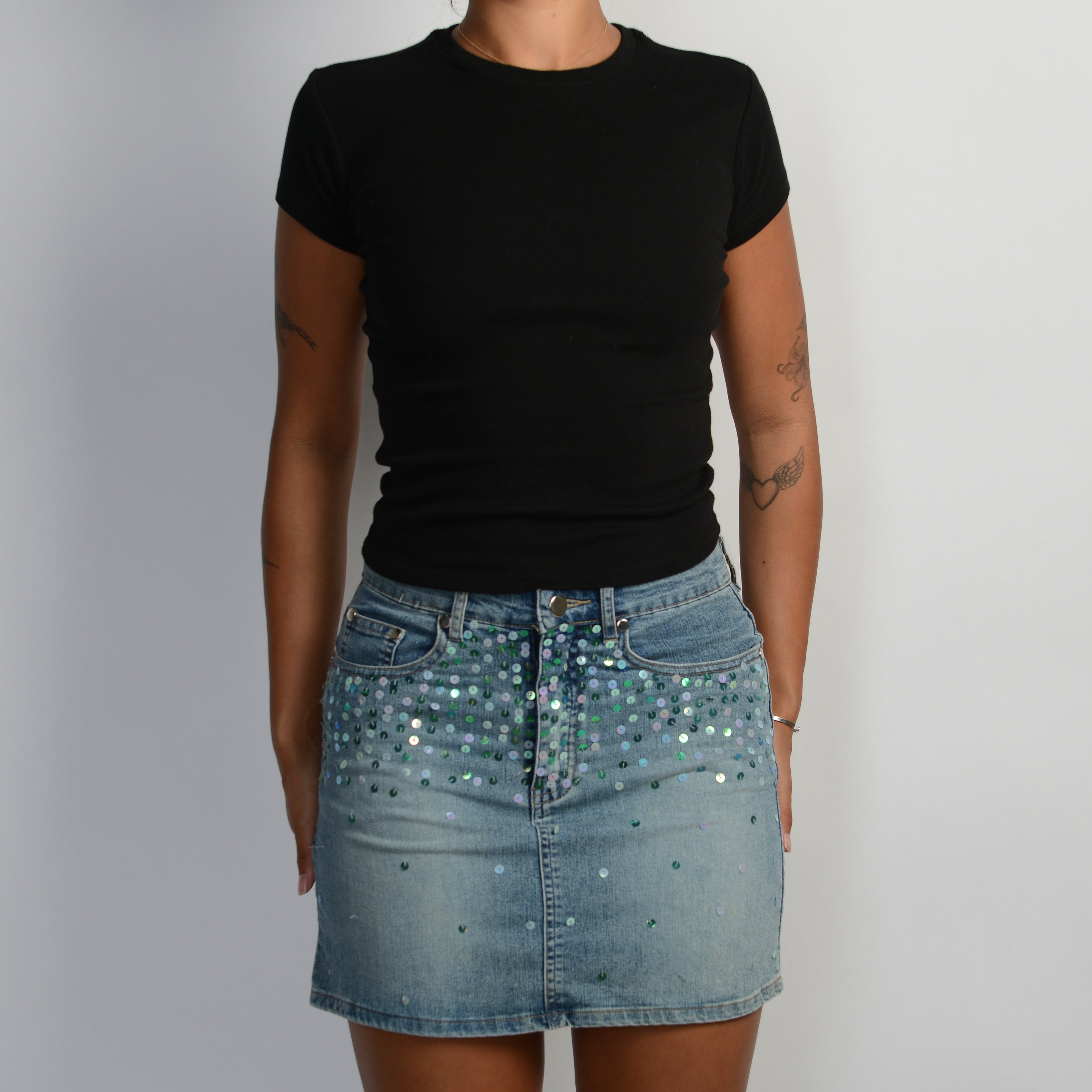SEQUIN DENIM MINI SKIRT