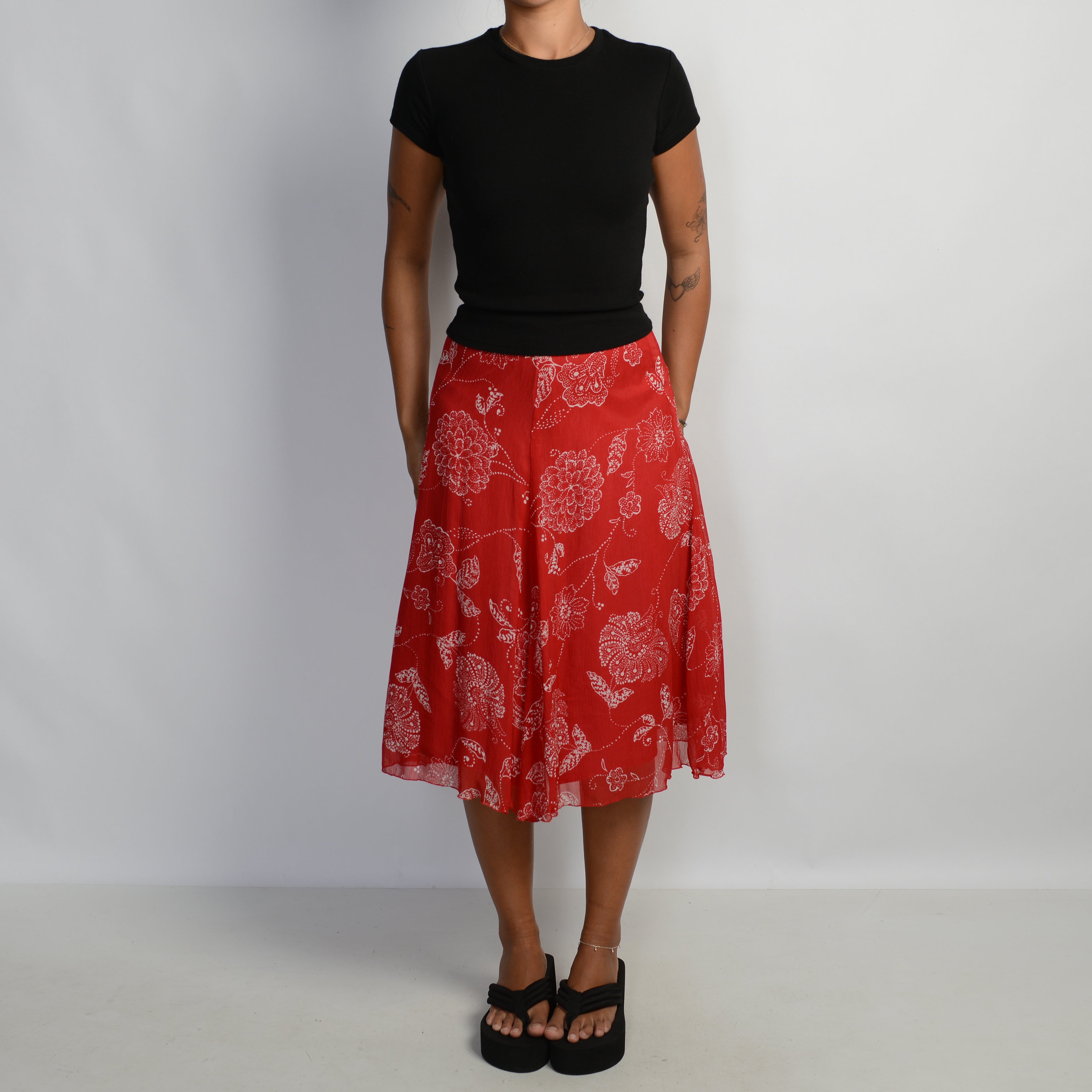 RED FLORAL MIDI SKIRT