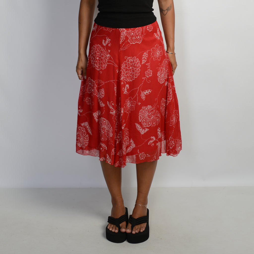RED FLORAL MIDI SKIRT