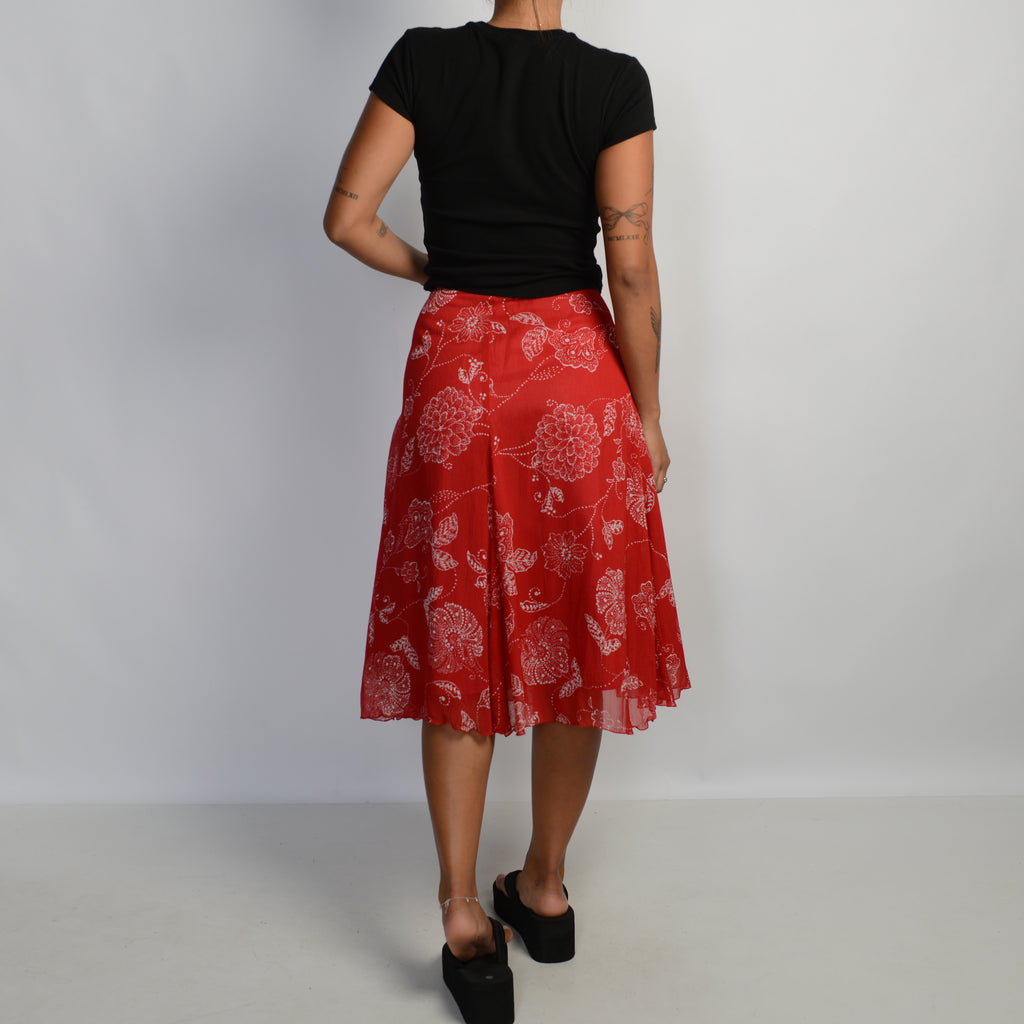 RED FLORAL MIDI SKIRT