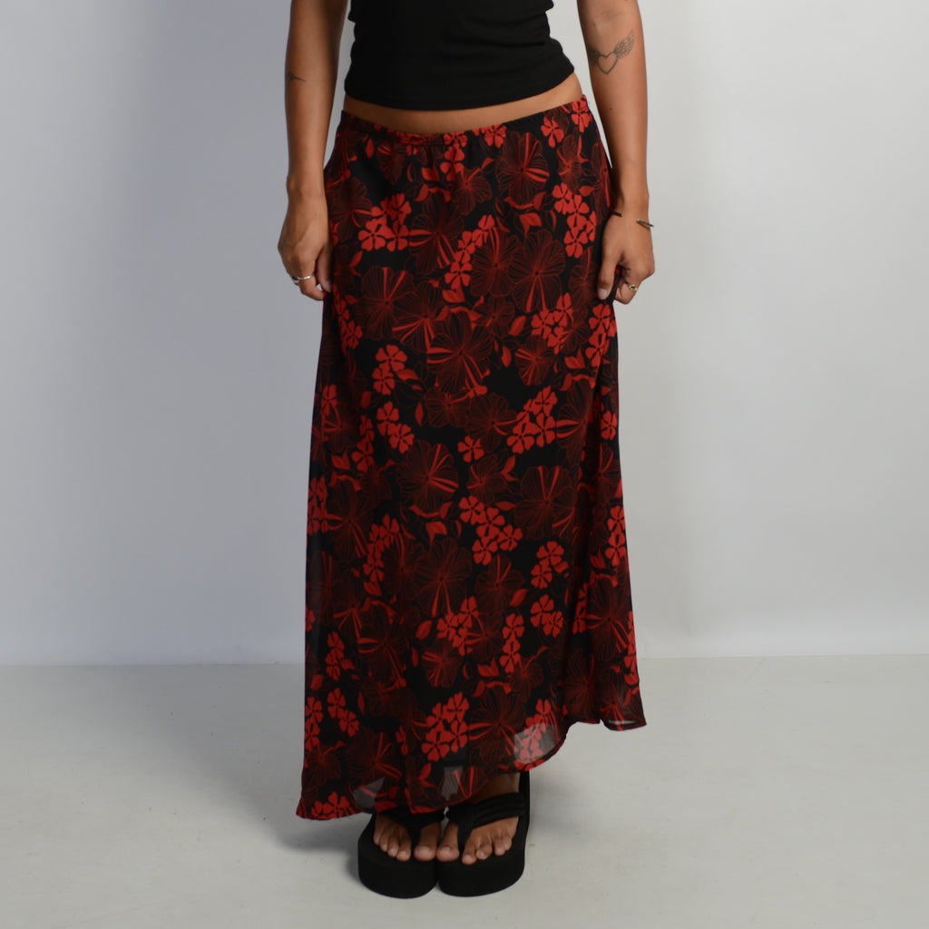 RED FLORAL MAXI SKIRT