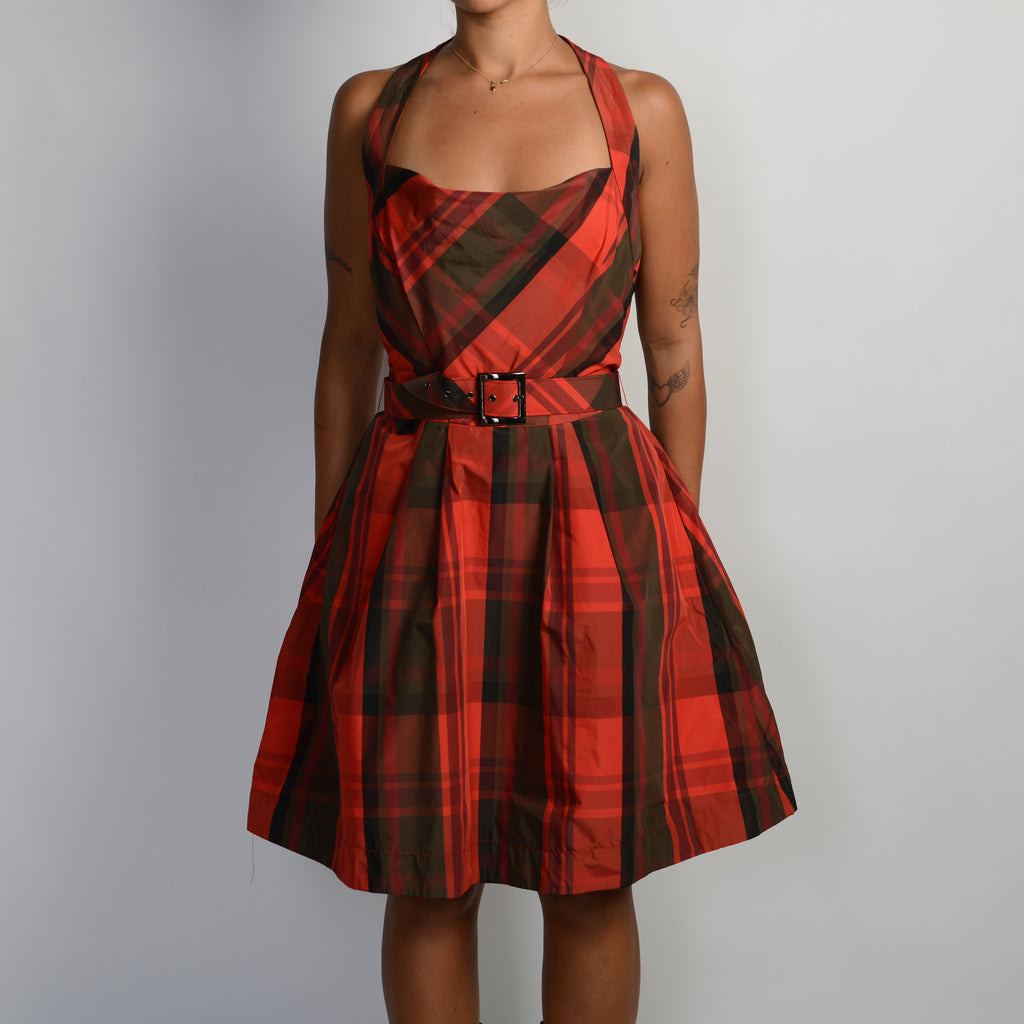 RED PLAID BELT DRESS