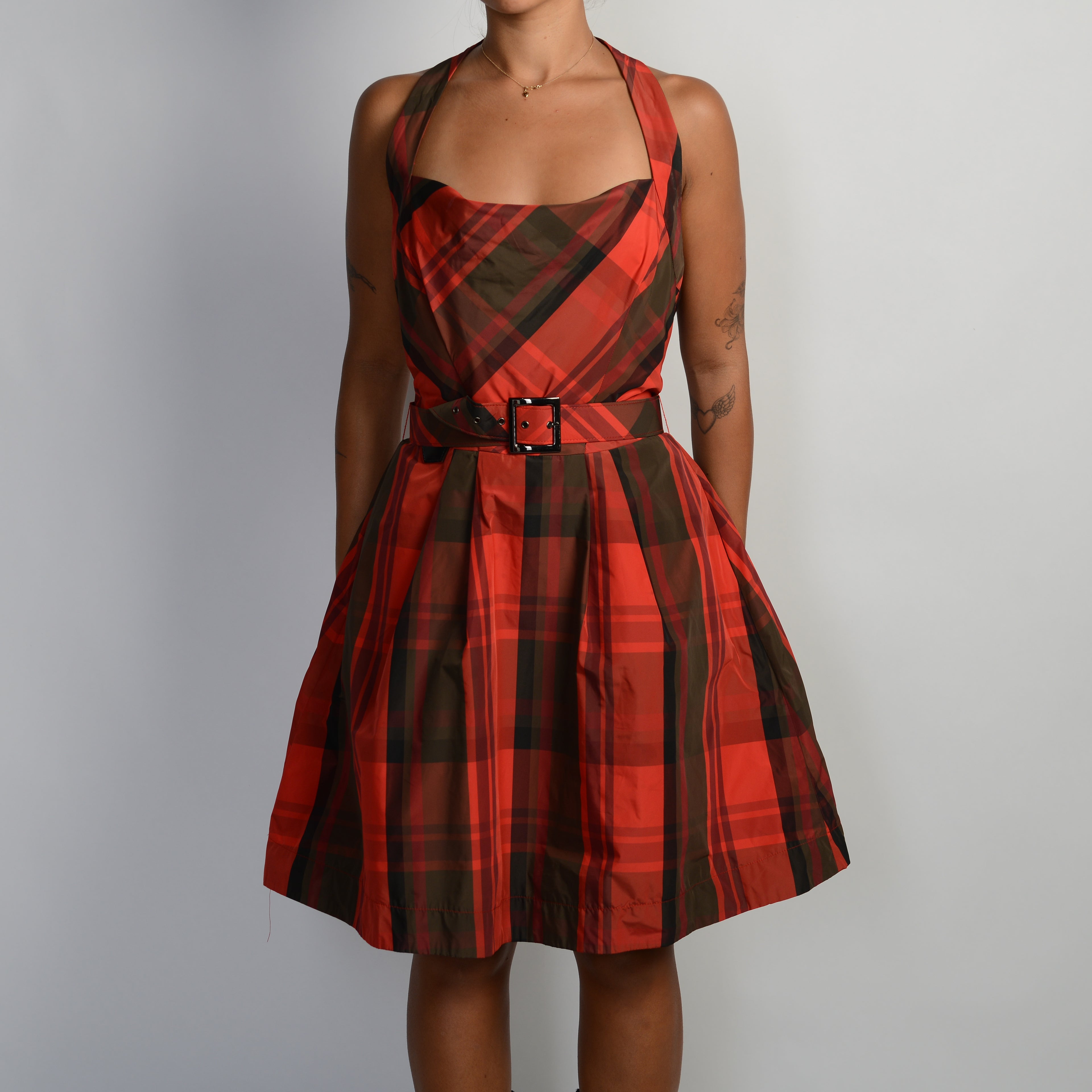 RED PLAID BELT DRESS