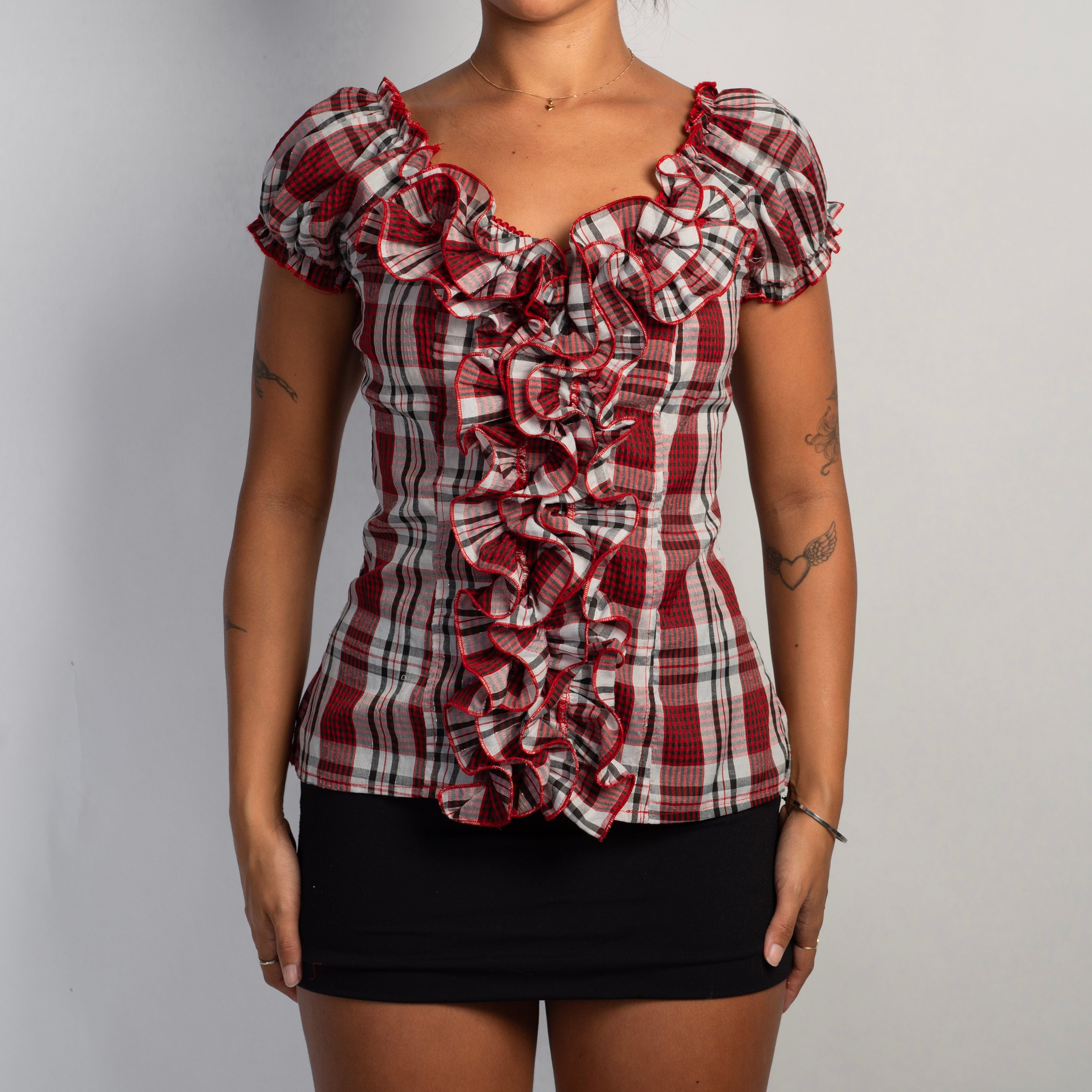 RED PLAID RUFFLE TOP