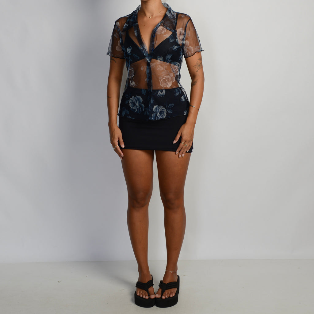 NAVY FLORAL MESH BLOUSE
