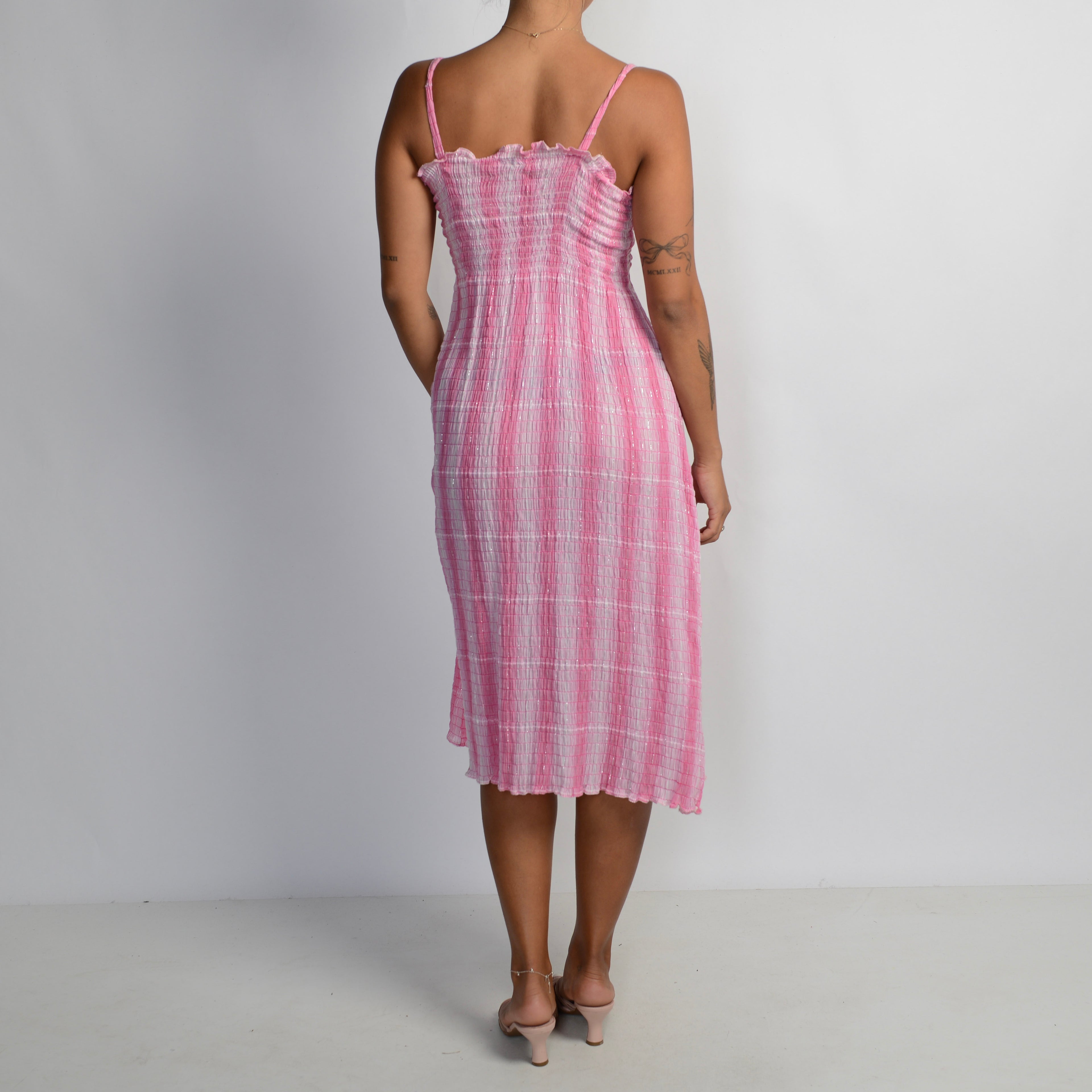 PINK SHIRRED MIDI DRESS
