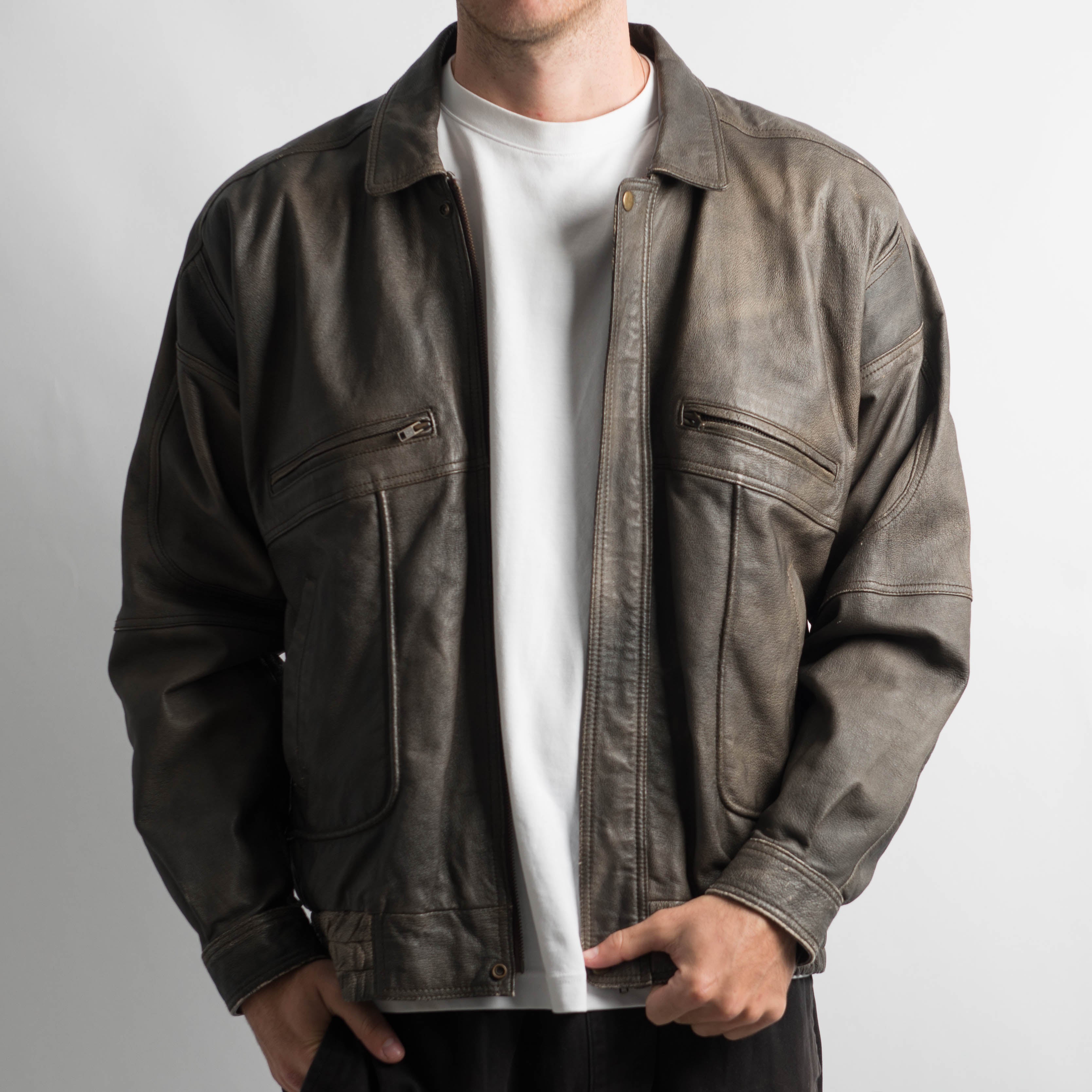 BROWN FADED AGED LEATHER JACKET