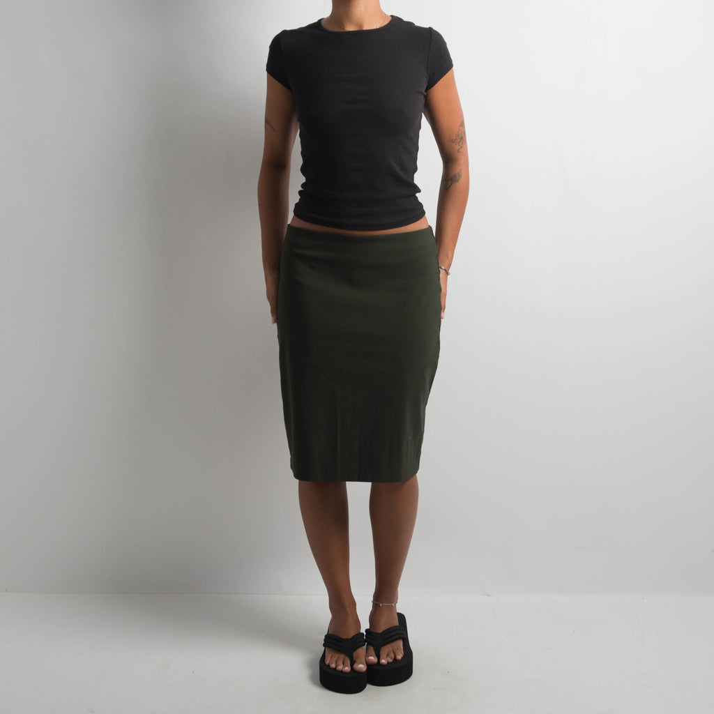 KHAKI STRETCH MIDI SKIRT