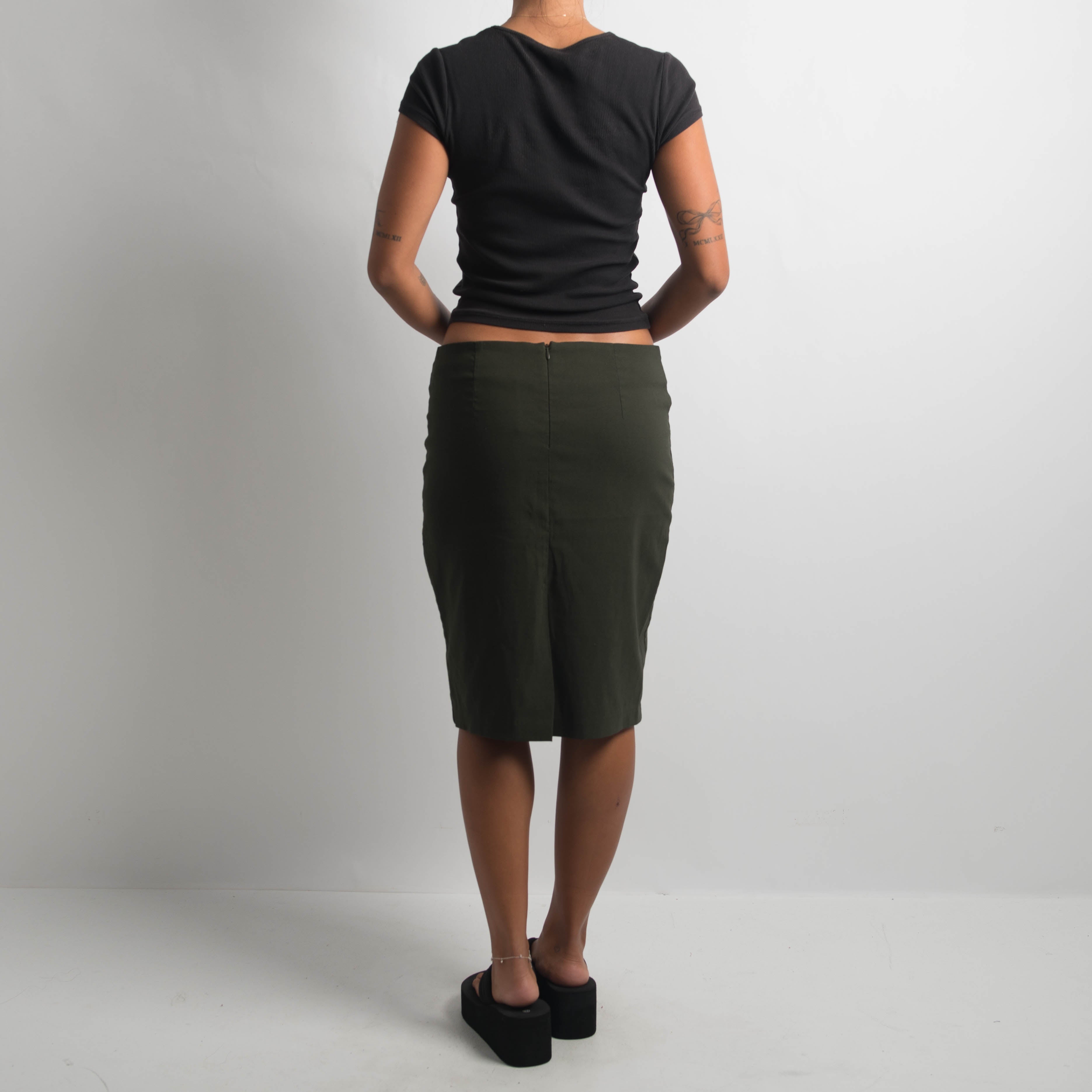 KHAKI STRETCH MIDI SKIRT