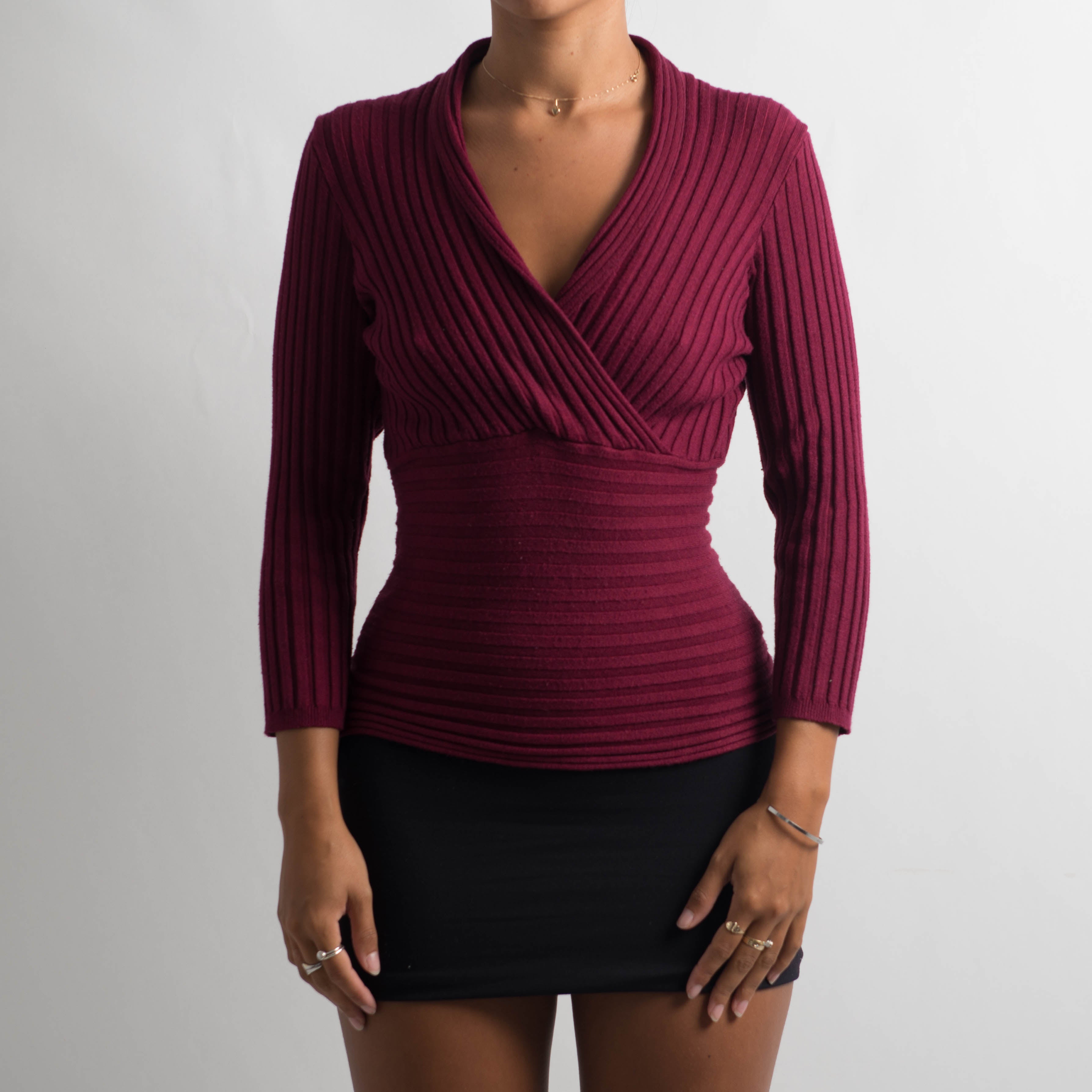 MAROON RIBBED STRETCH TOP