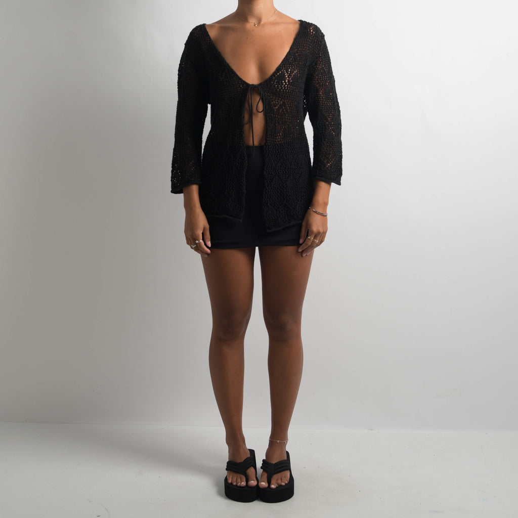 BLACK CROCHET TIE FRONT TOP
