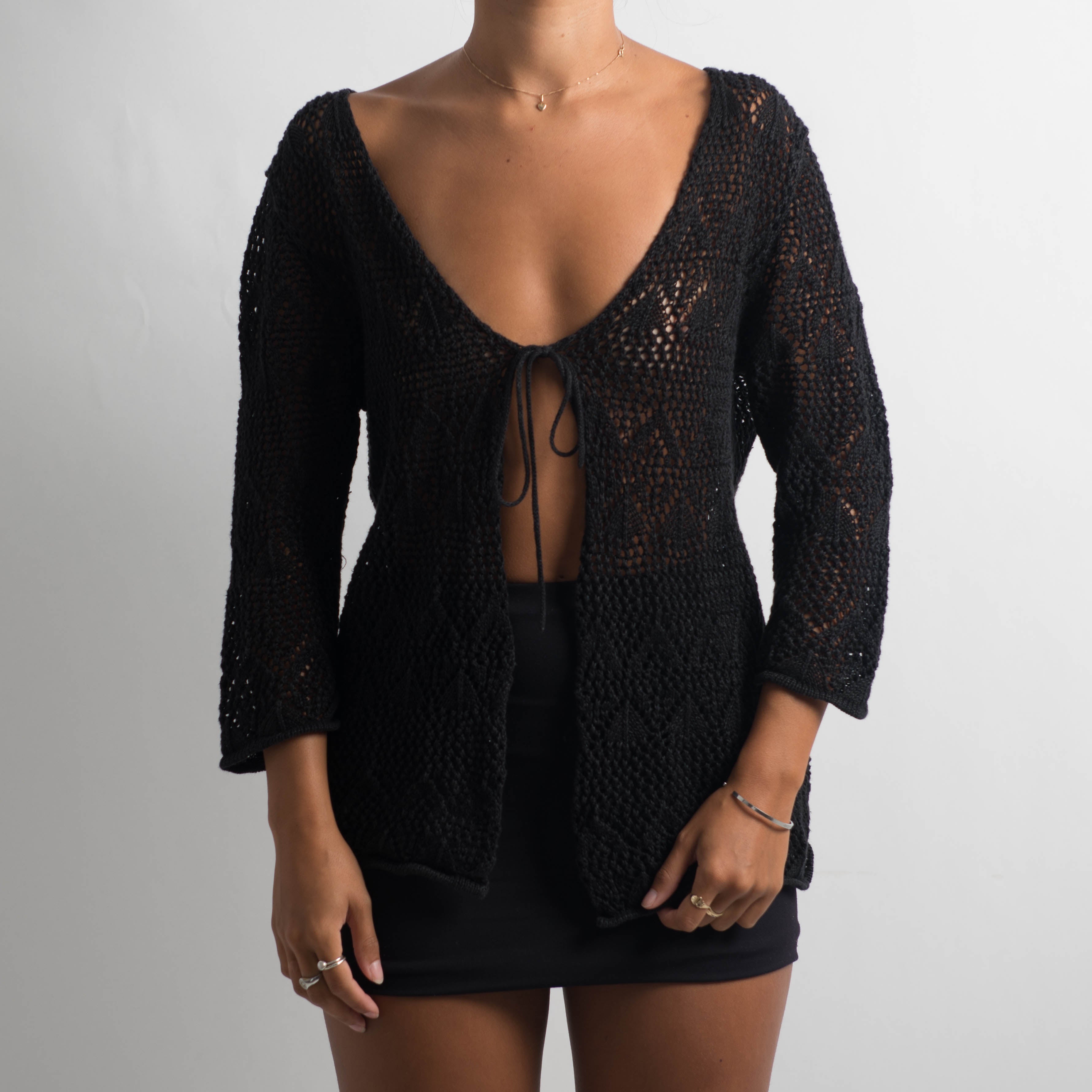 BLACK CROCHET TIE FRONT TOP