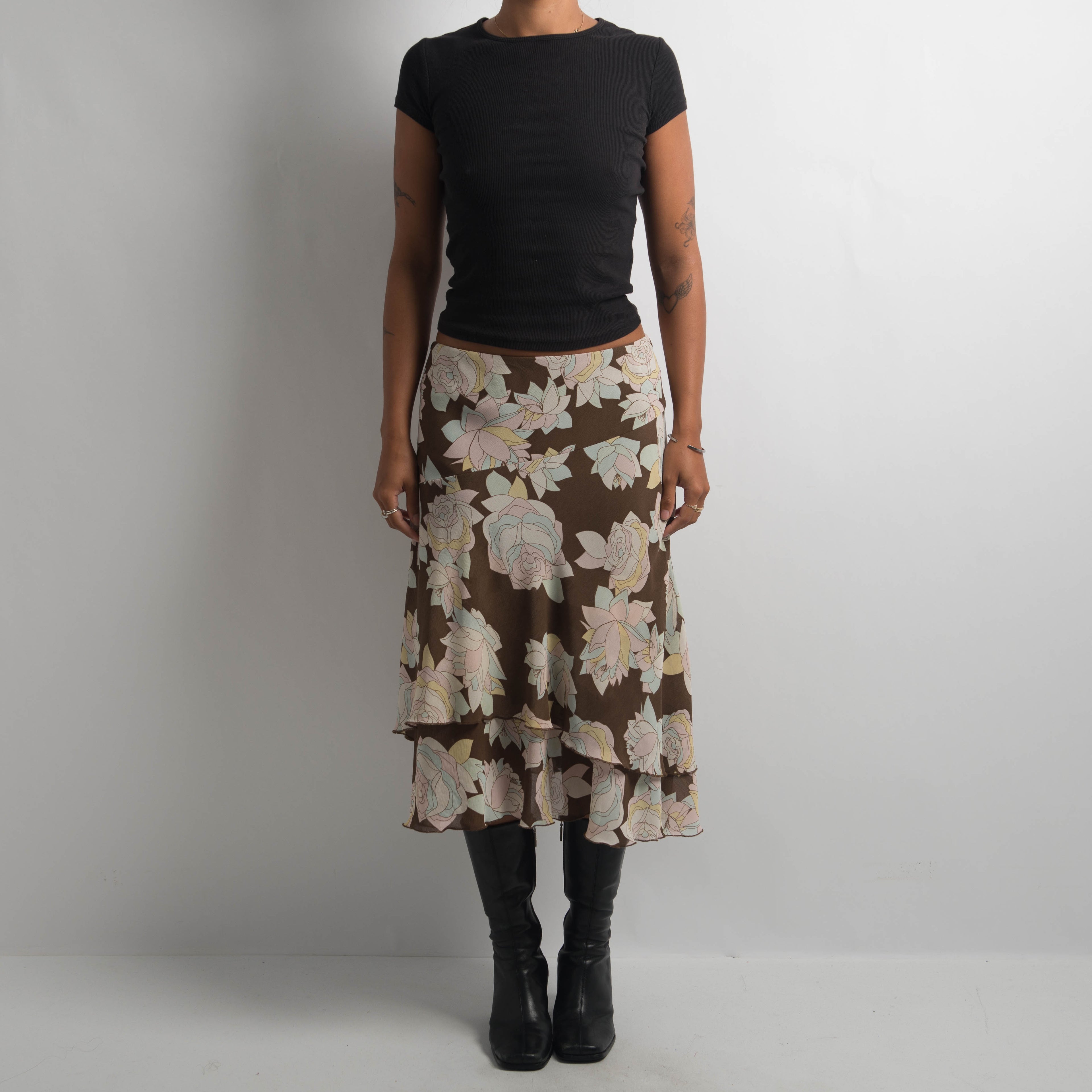 LAYERED FLORAL MIDI SKIRT
