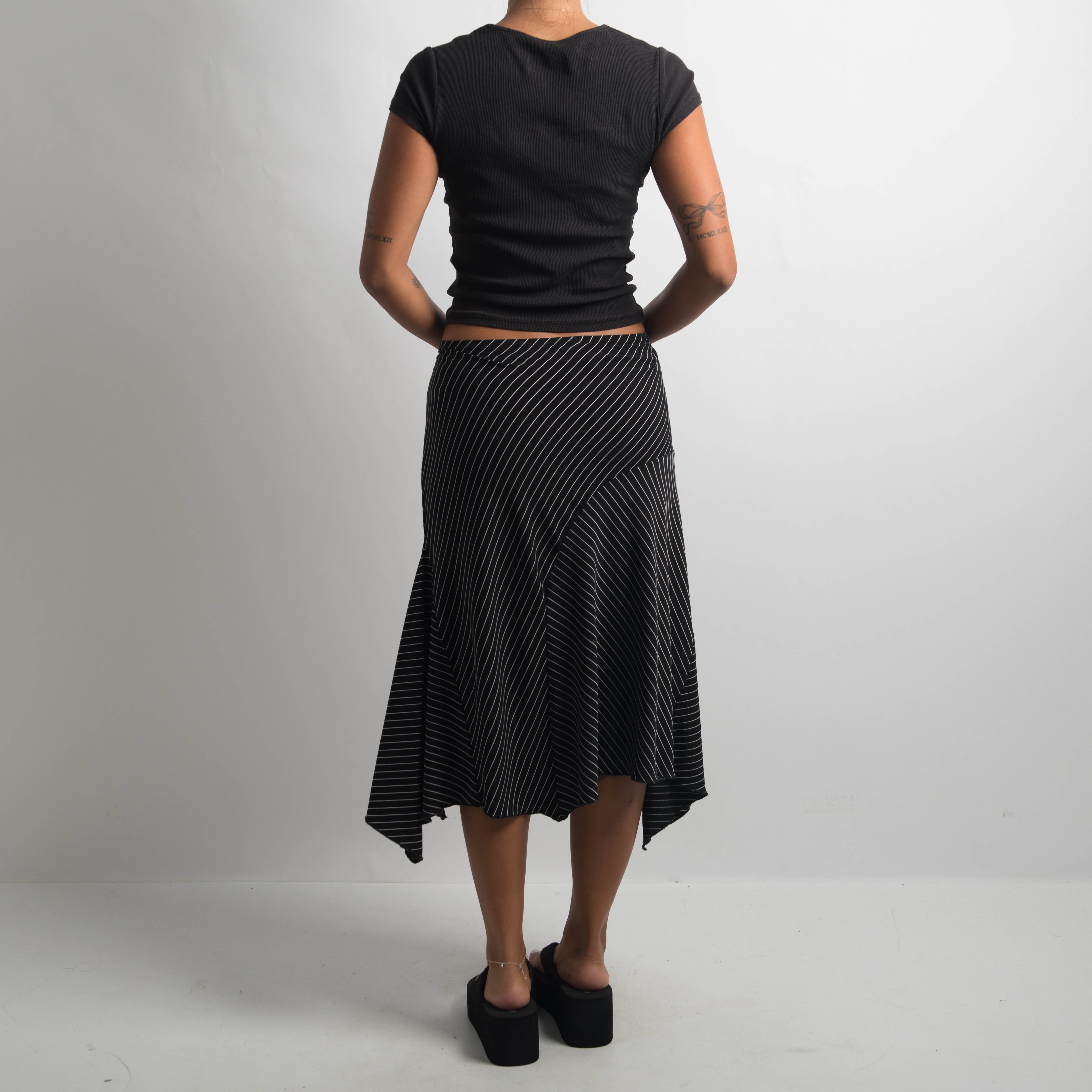 STRIPE ASYMMETRIC MIDI SKIRT