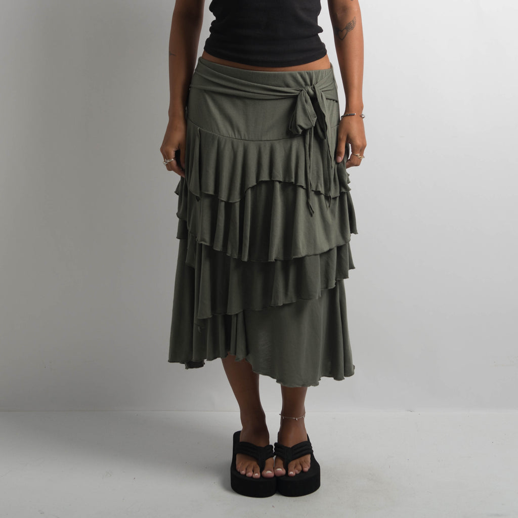 KHAKI TIERED RUFFLE SKIRT