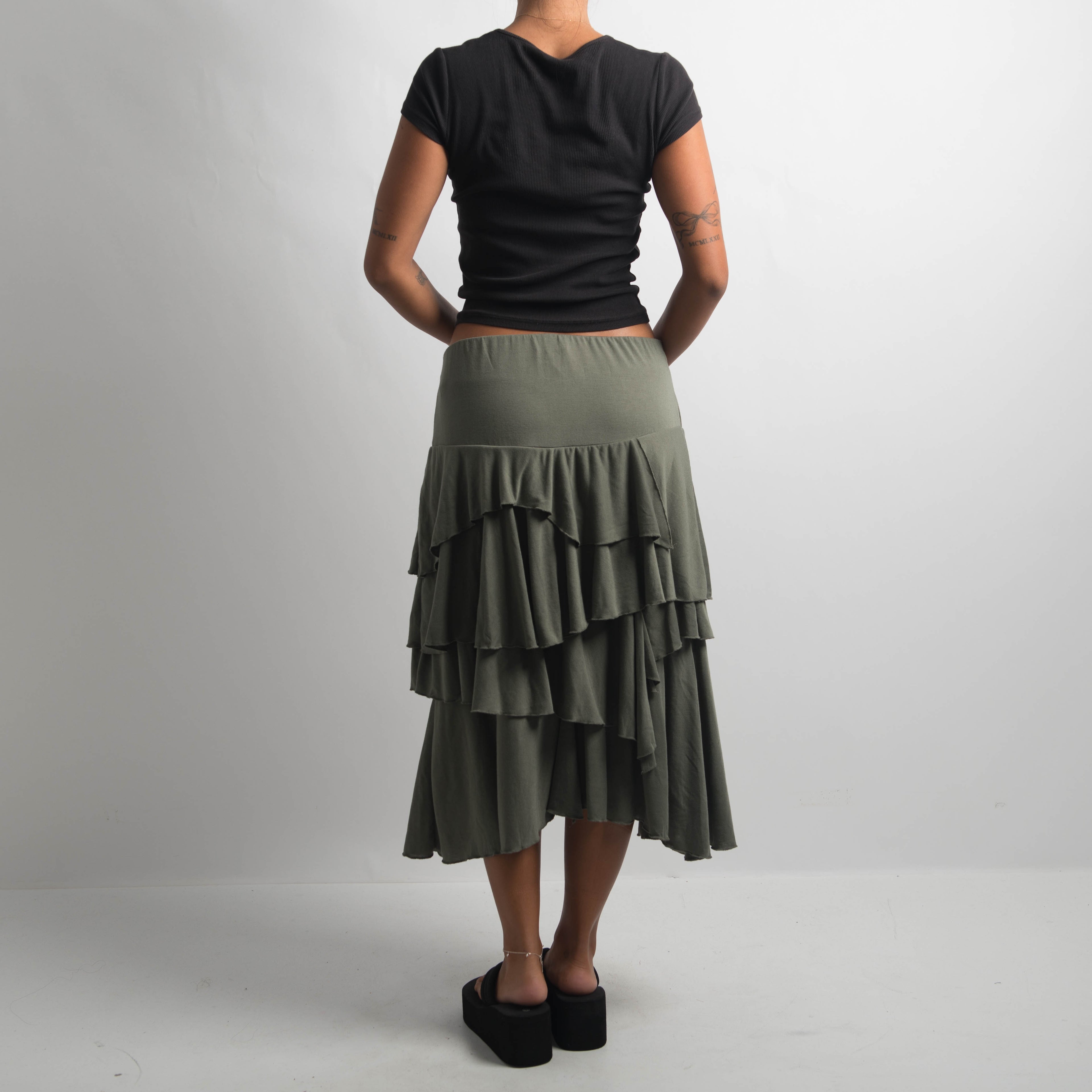 KHAKI TIERED RUFFLE SKIRT