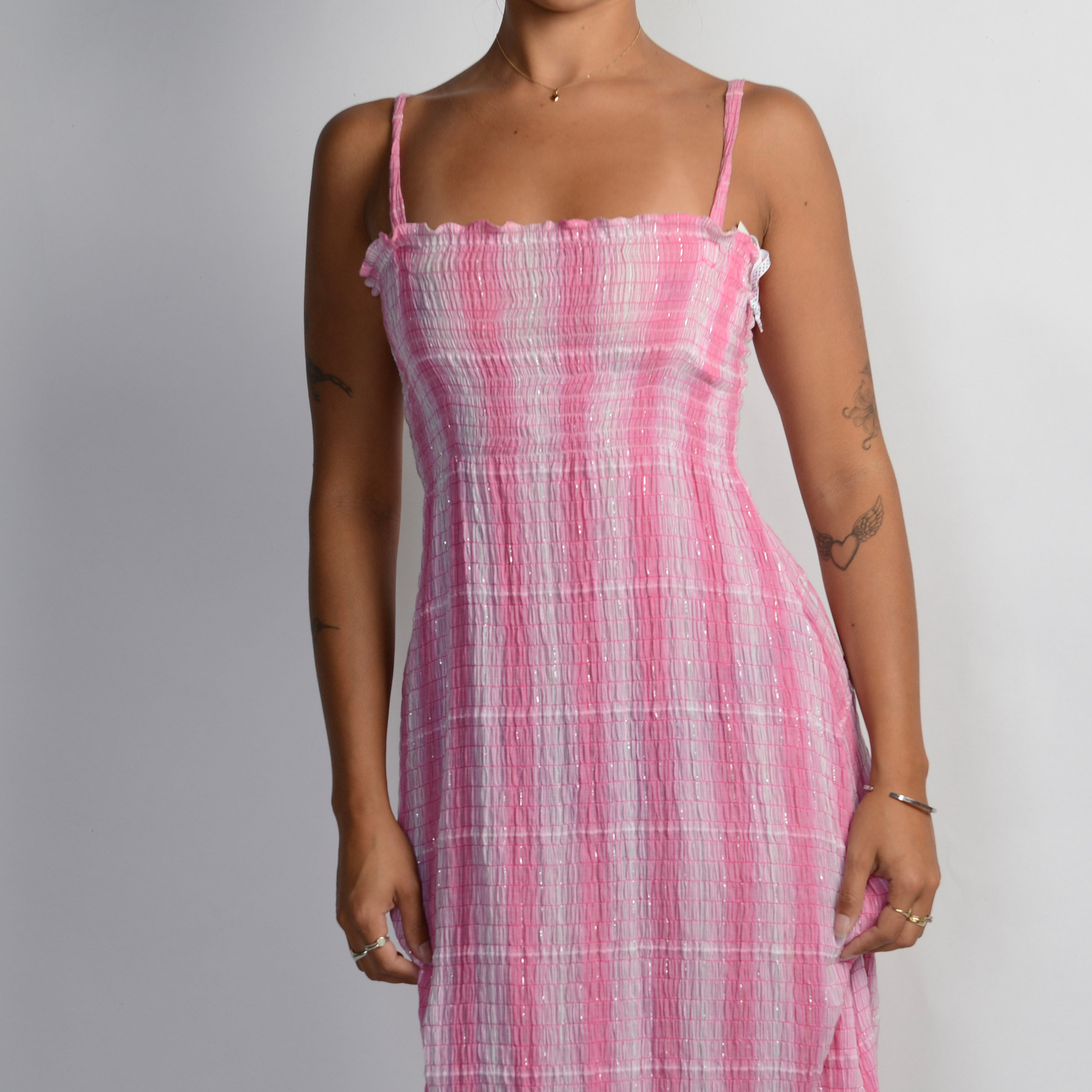 PINK SHIRRED MIDI DRESS