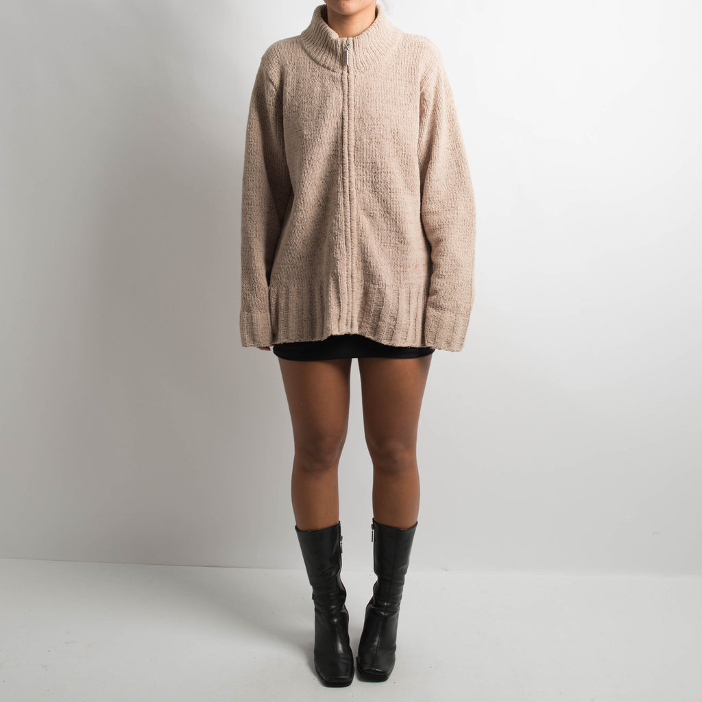 BEIGE CHENILLE ZIP CARDIGAN