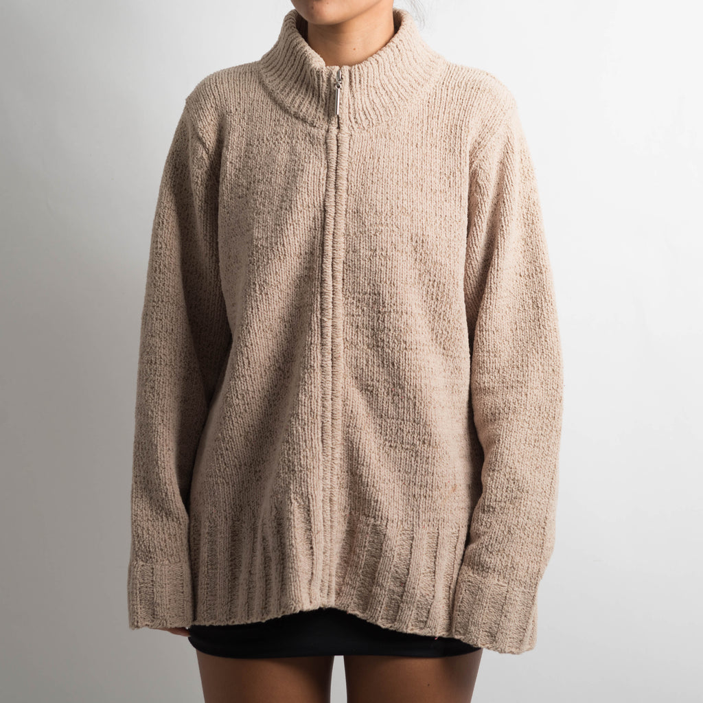 BEIGE CHENILLE ZIP CARDIGAN